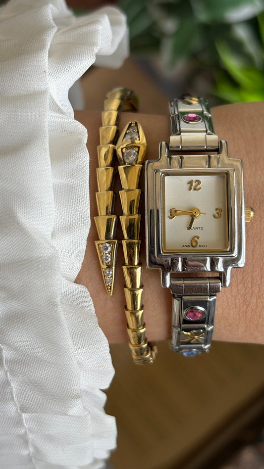 Vintage Coquette Italian Charm Bracelet Watch in Silver Tone