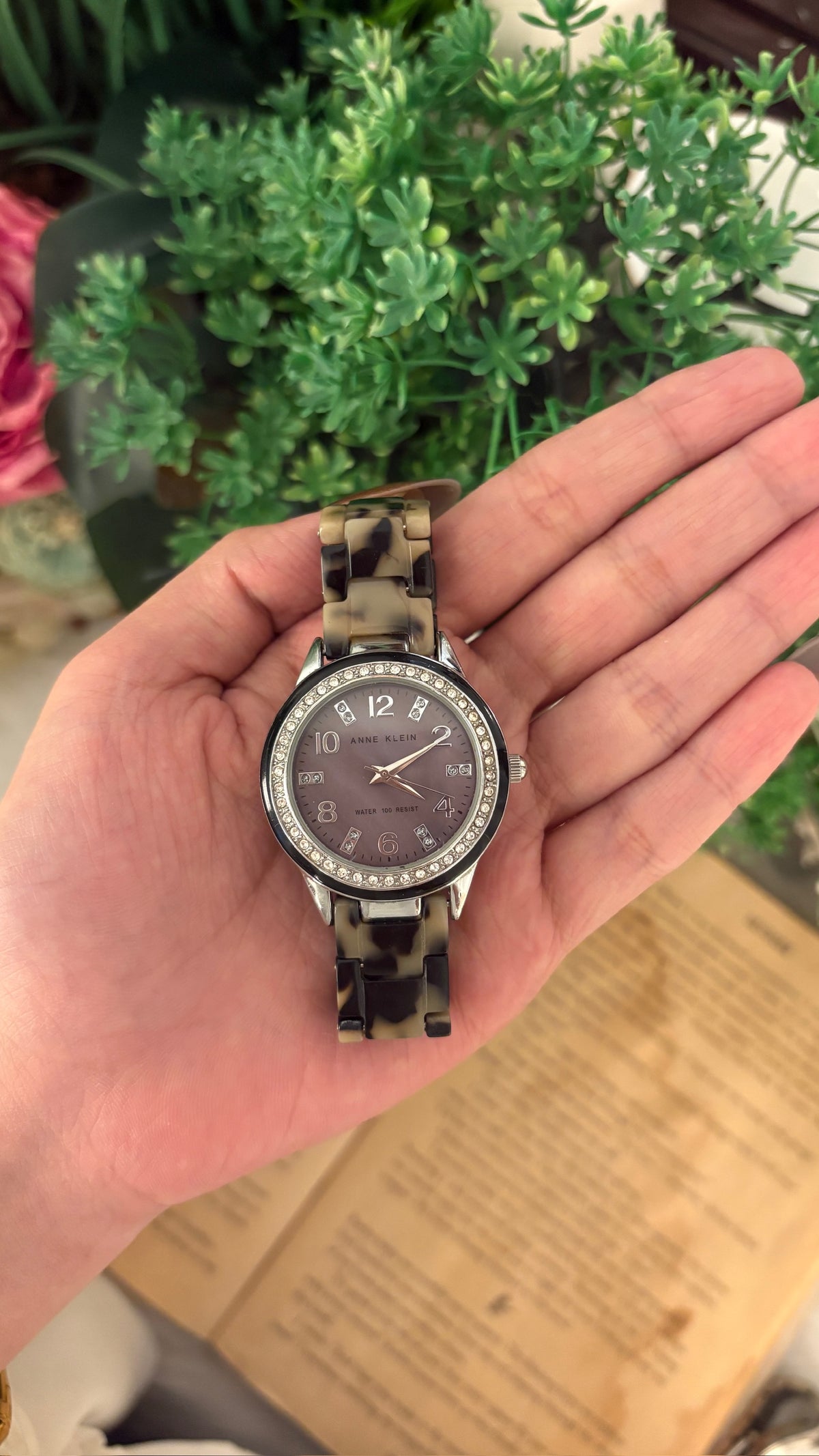 Rare Vintage Anne Klein Tortoise Shell Watch in Silver Tone Quartz