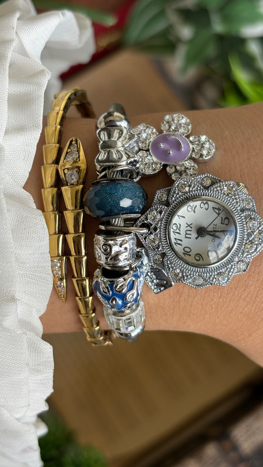 Vintage Coquette Bangle Watch in Silver Tone Pandora Inspired