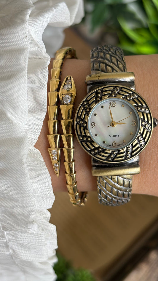 Vintage Quartz Bangle Watch in Antique Gold Tone Pearl Dial