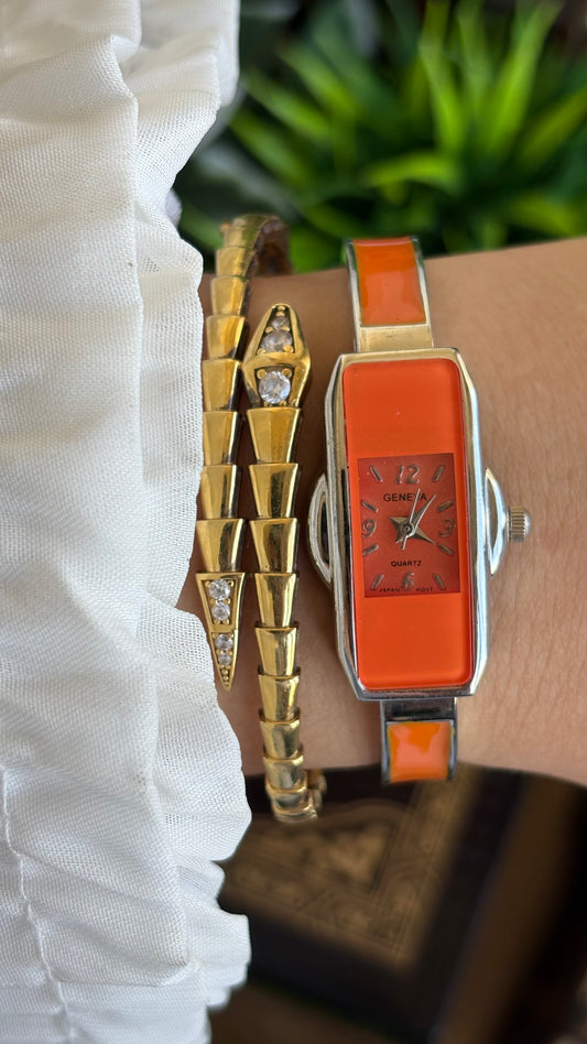 Vintage Geneva Watch in Silver Tone Hermes Style Orange Accent