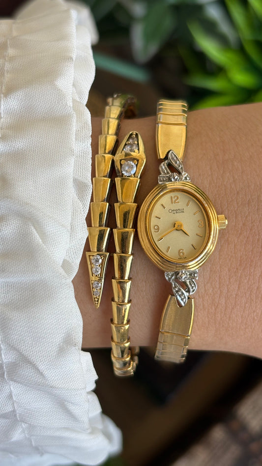 Vintage Caravelle By Bulova Bejeweled Watch in Two-Tone Stretch Band