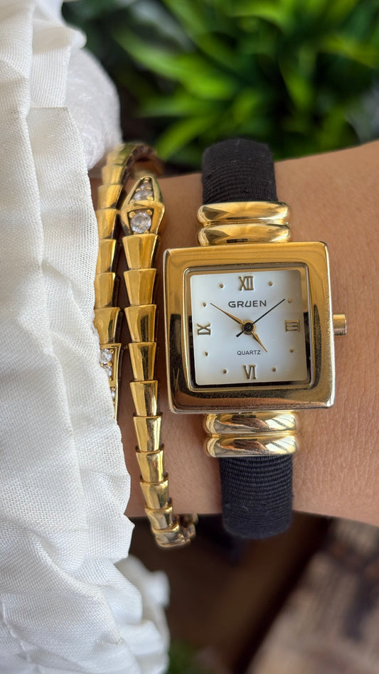 Vintage Gruen Bangle Watch in Gold Tone Black Accent
