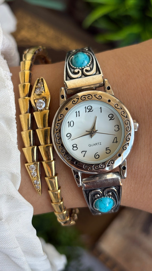 Vintage Accutime Watch in Silver Tone Greek Style Turquoise Stone
