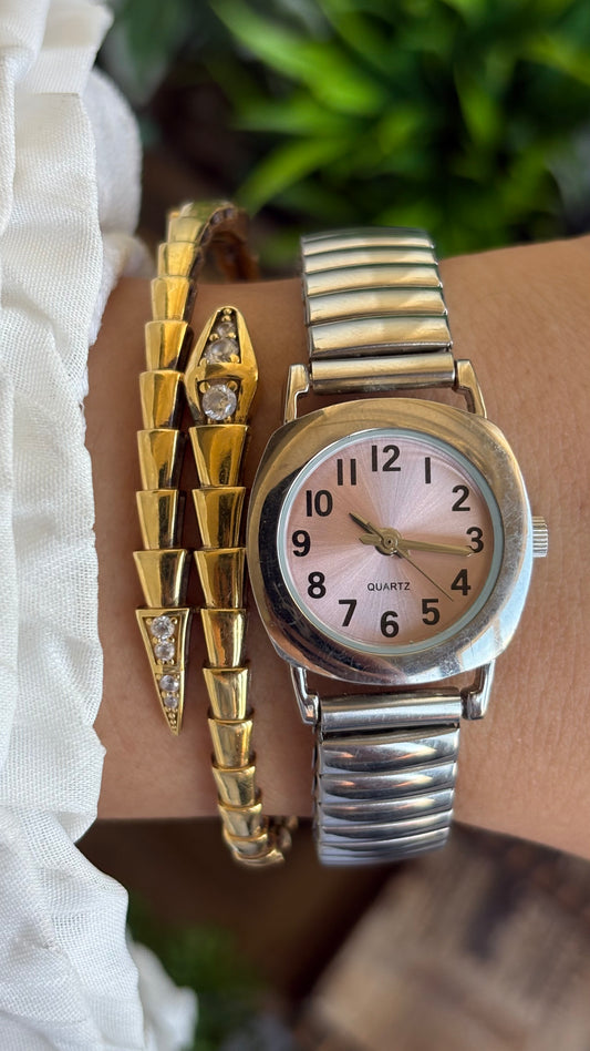 Vintage Stretch Watch in Silver Tone Pink Dial