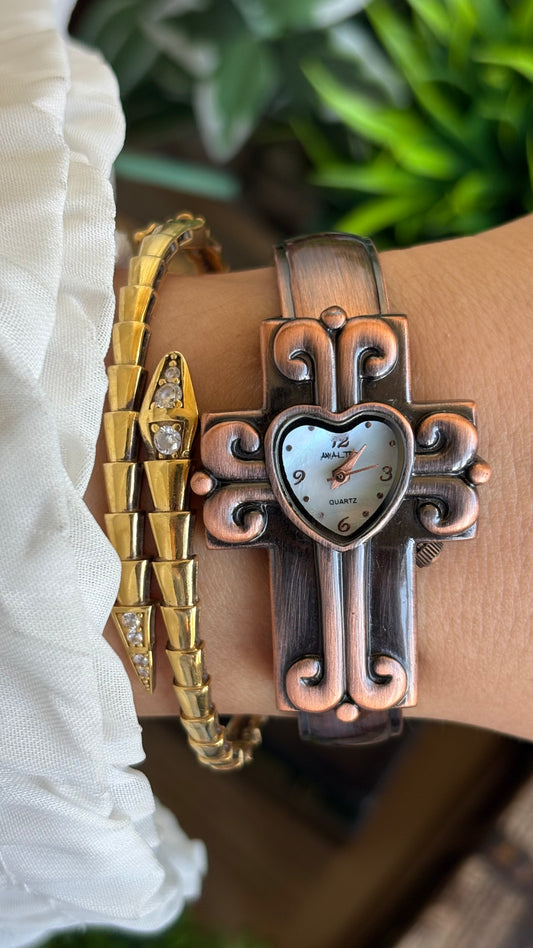 Vintage Anya LTD Religious Watch in Rose Gold Bronze Heart Mother of Pearl Dial