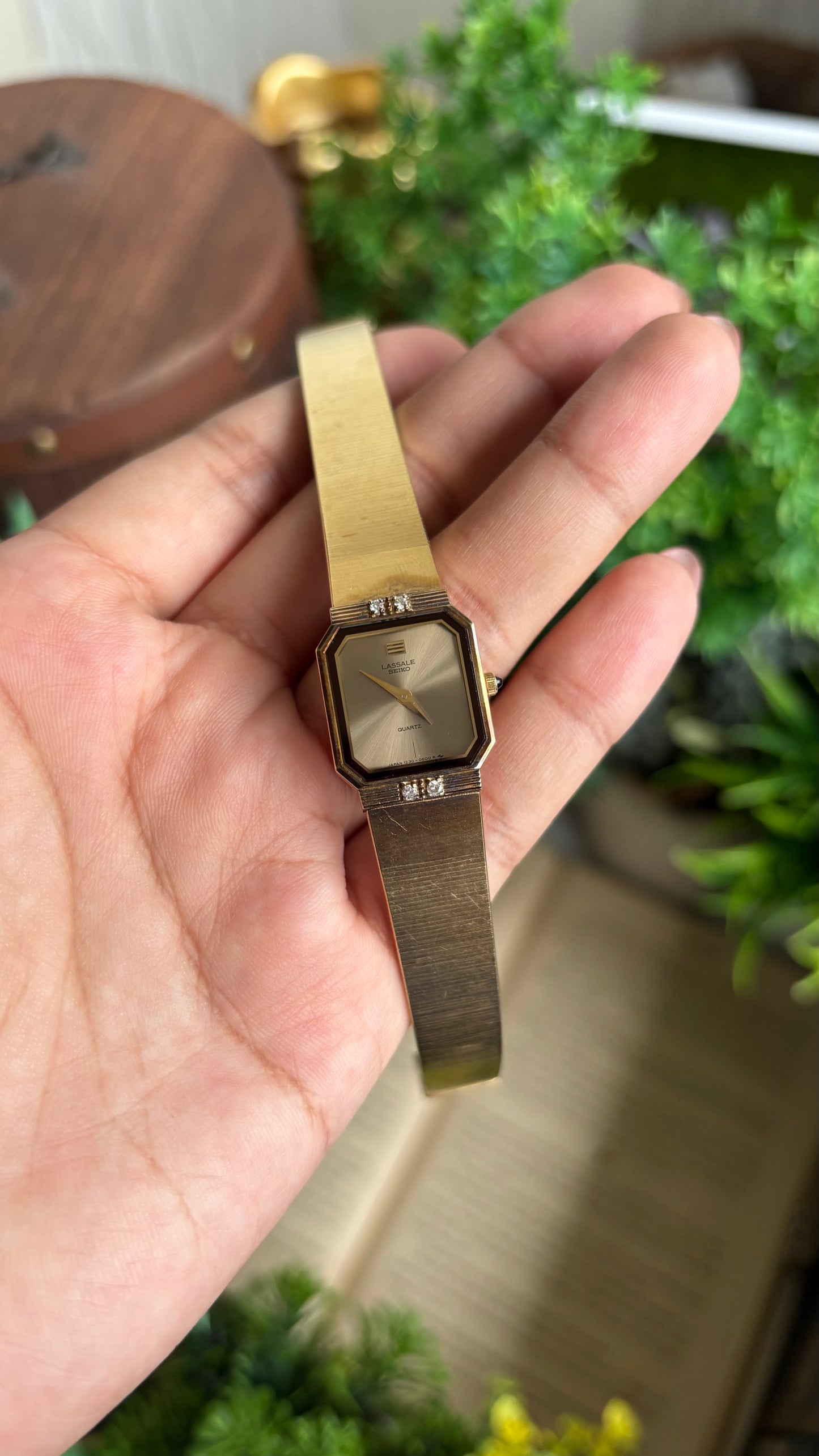 Extremely Rare Vintage Lassale Seiko Watch in Gold Tone with Four Diamonds