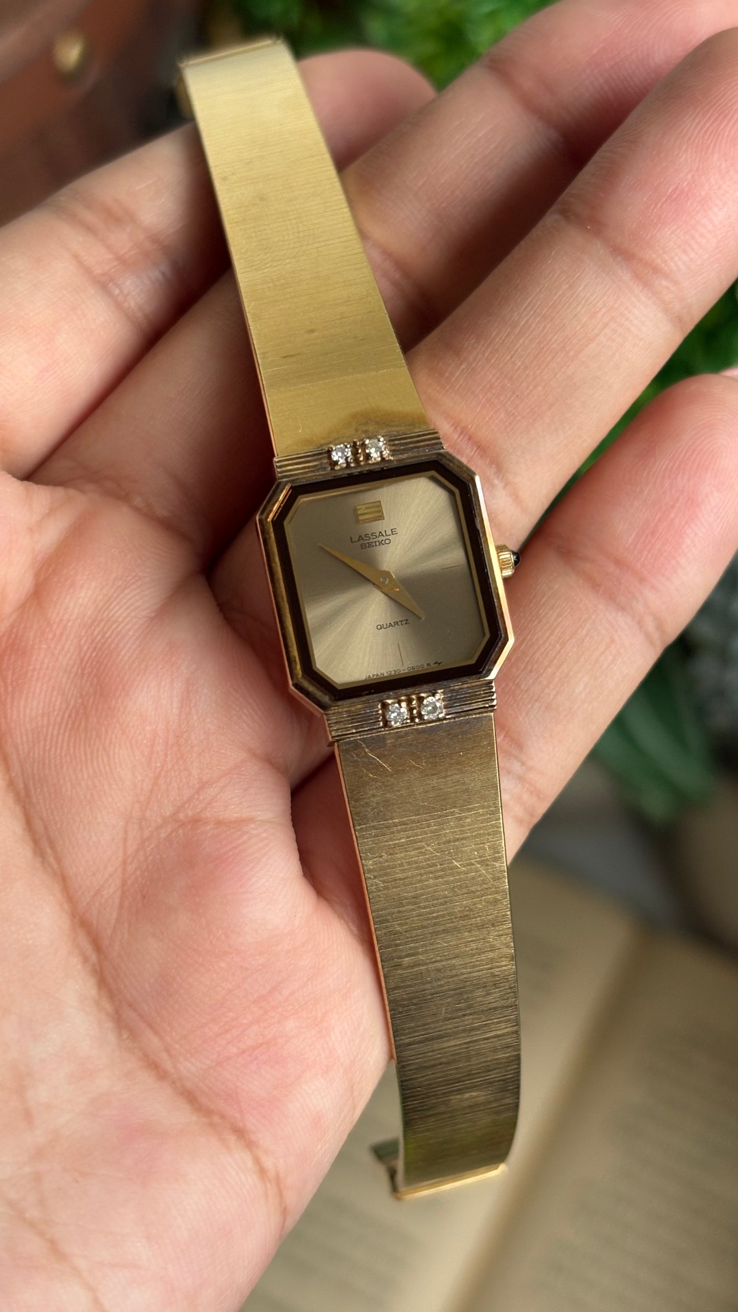 Extremely Rare Vintage Lassale Seiko Watch in Gold Tone with Four Diamonds