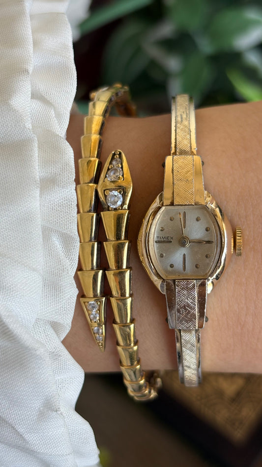 Extremely Rare Dainty Vintage Timex Bangle Watch in Gold Tone