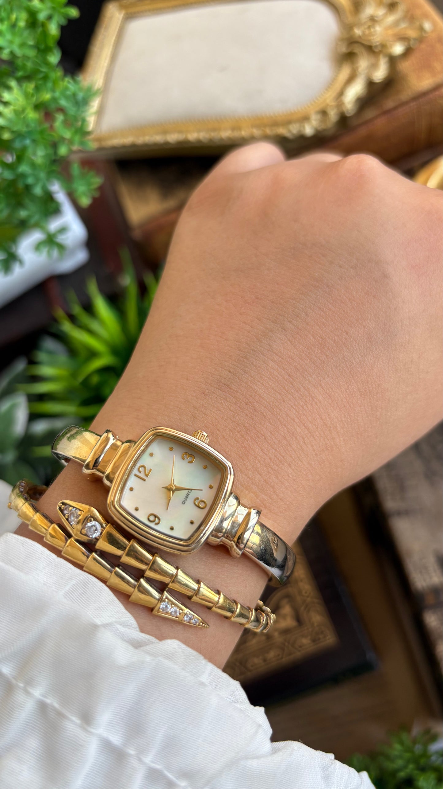 Vintage Accutime Bangle Watch in Gold Tone Pearl Dial Square Face