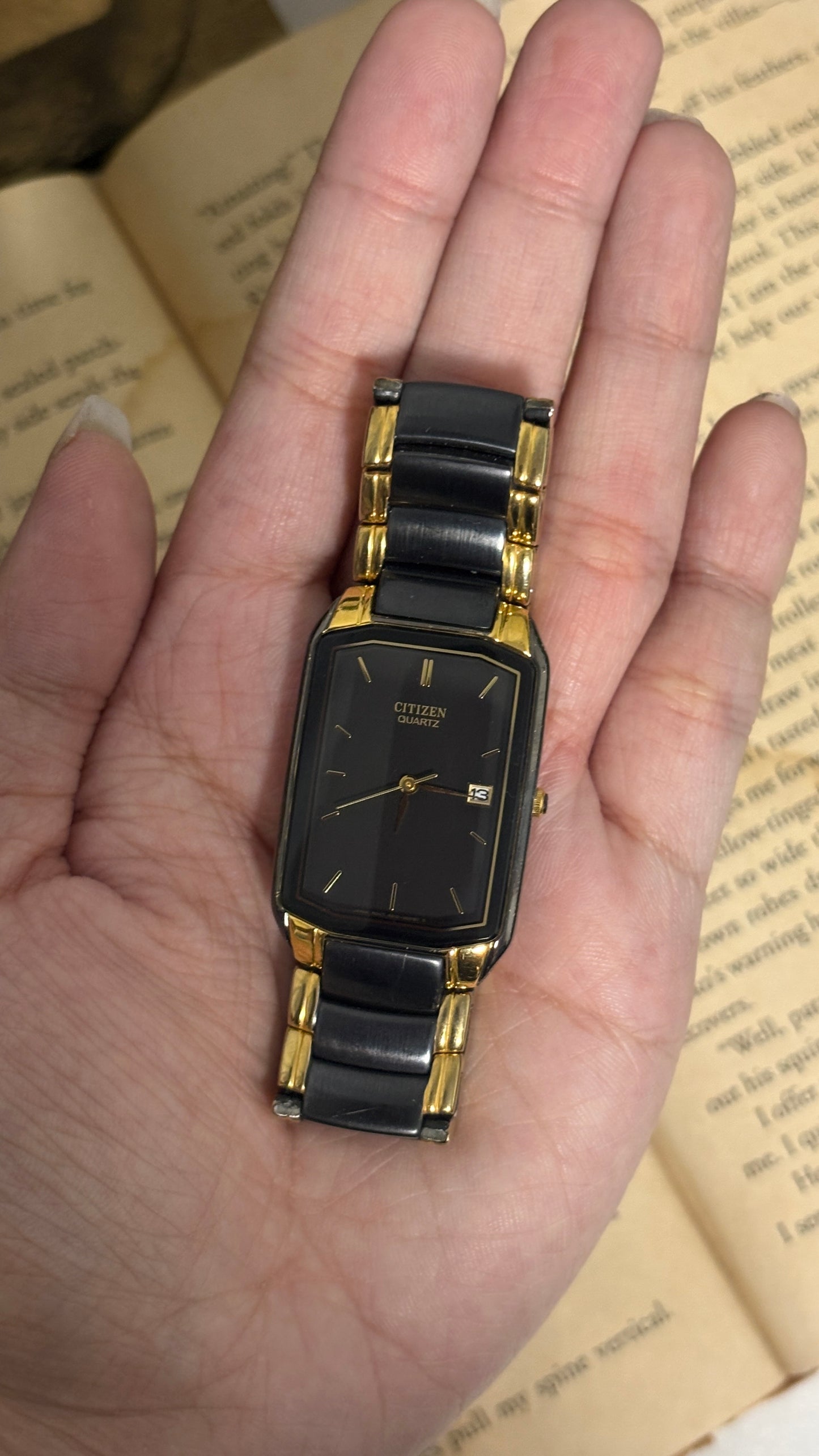 Rare Vintage Citizen Date Window Tank Watch in Gold Tone Quartz