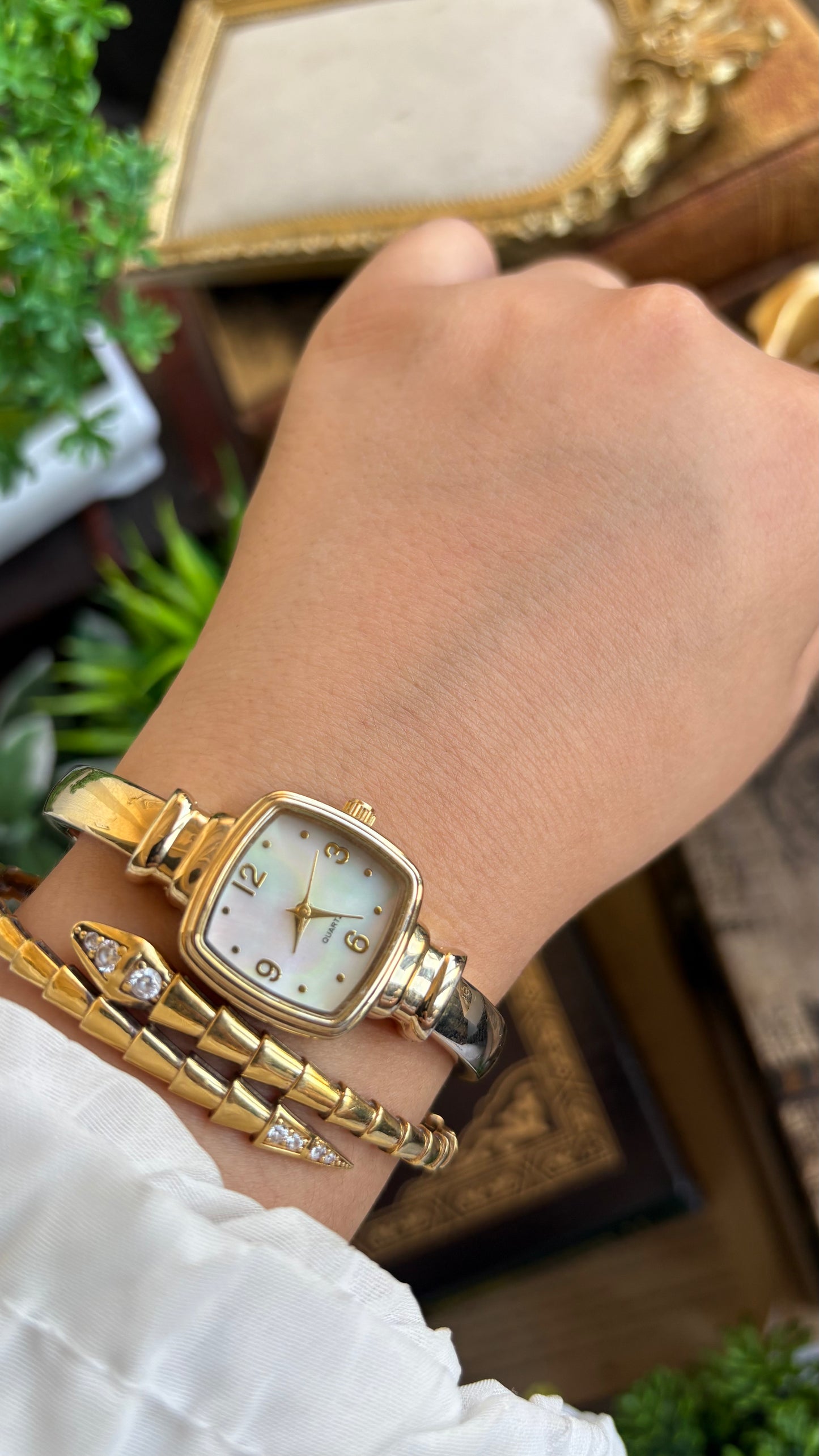 Vintage Accutime Bangle Watch in Gold Tone Pearl Dial Square Face