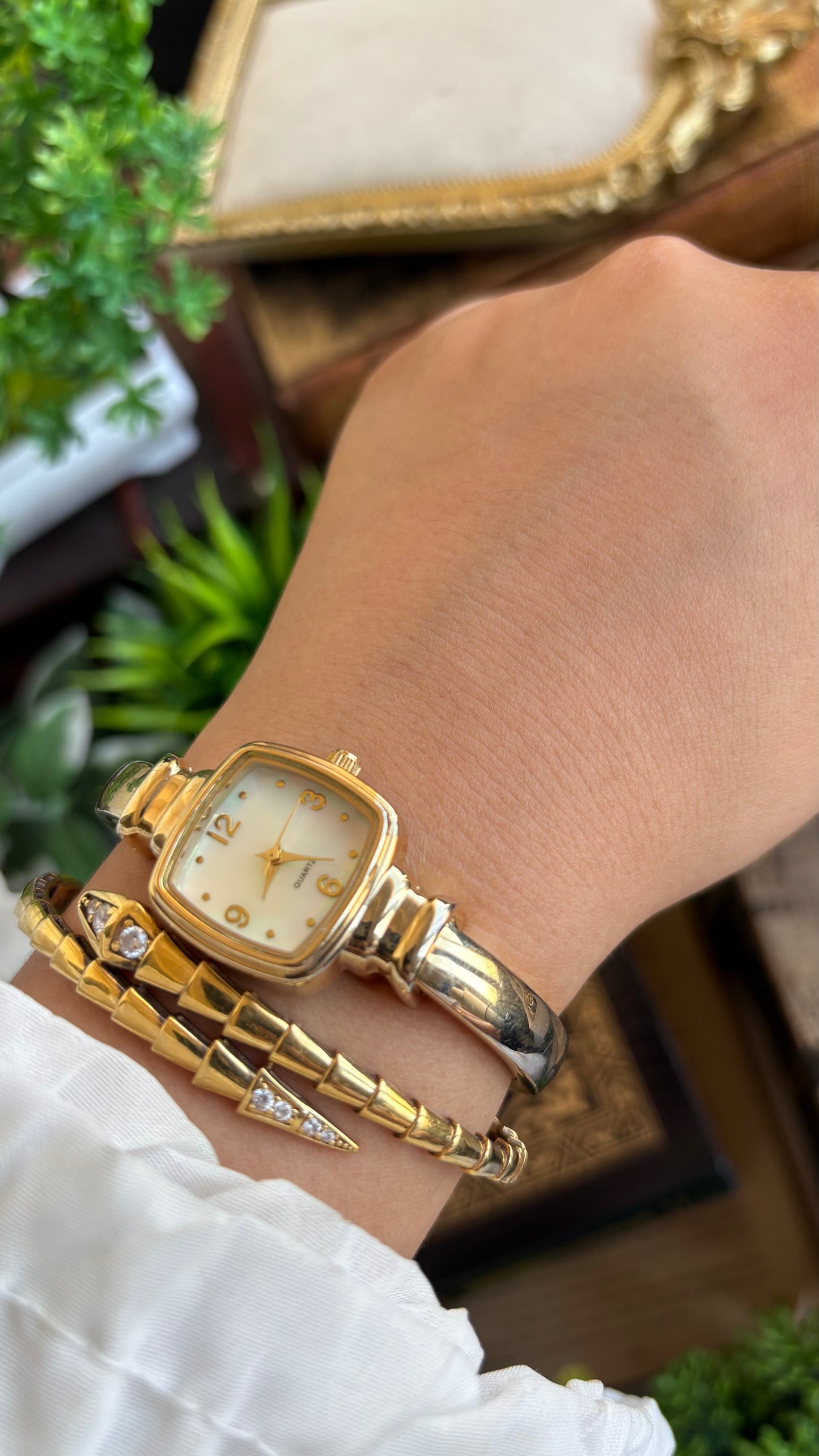 Vintage Accutime Bangle Watch in Gold Tone Pearl Dial Square Face