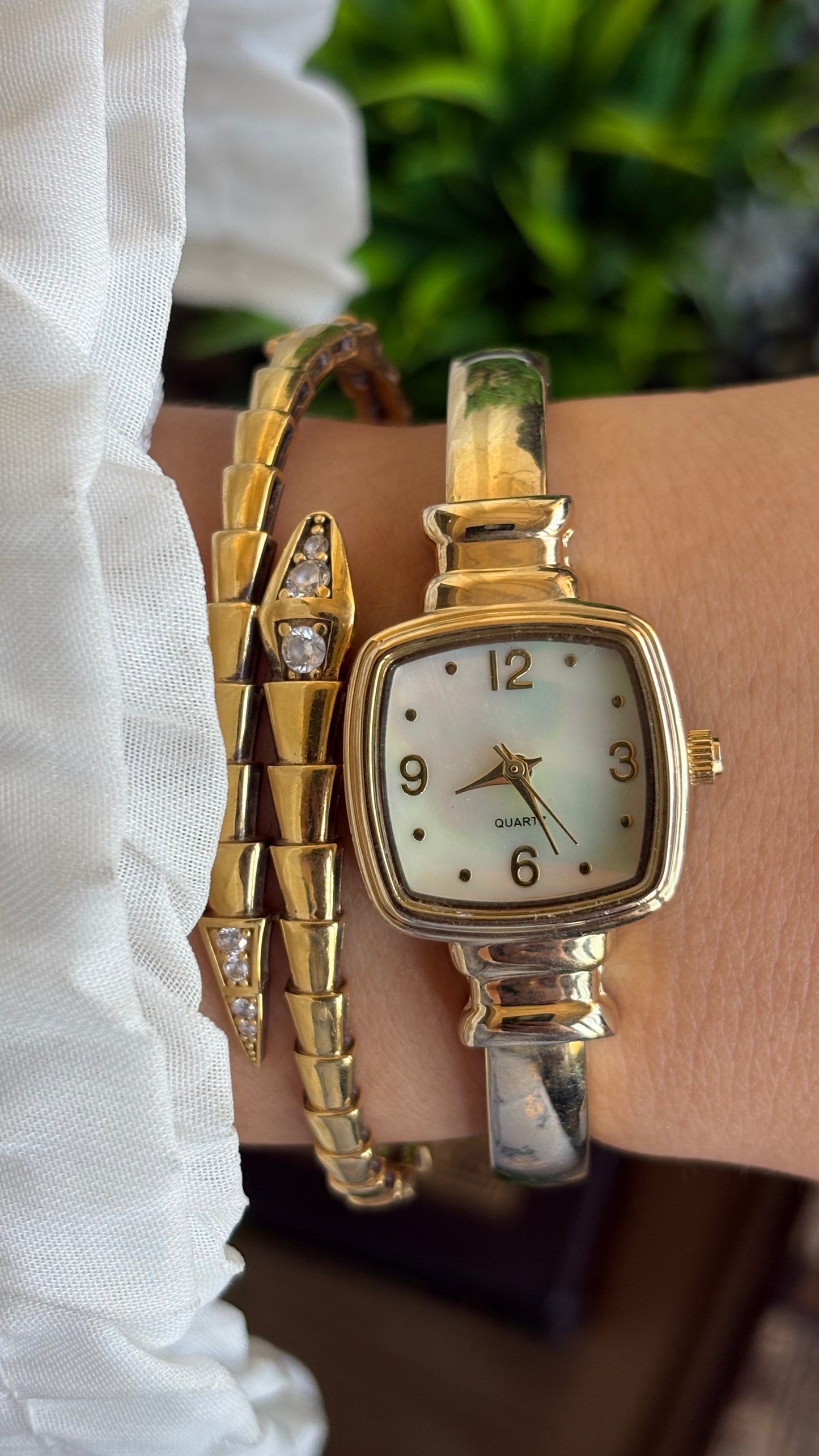 Vintage Accutime Bangle Watch in Gold Tone Pearl Dial Square Face