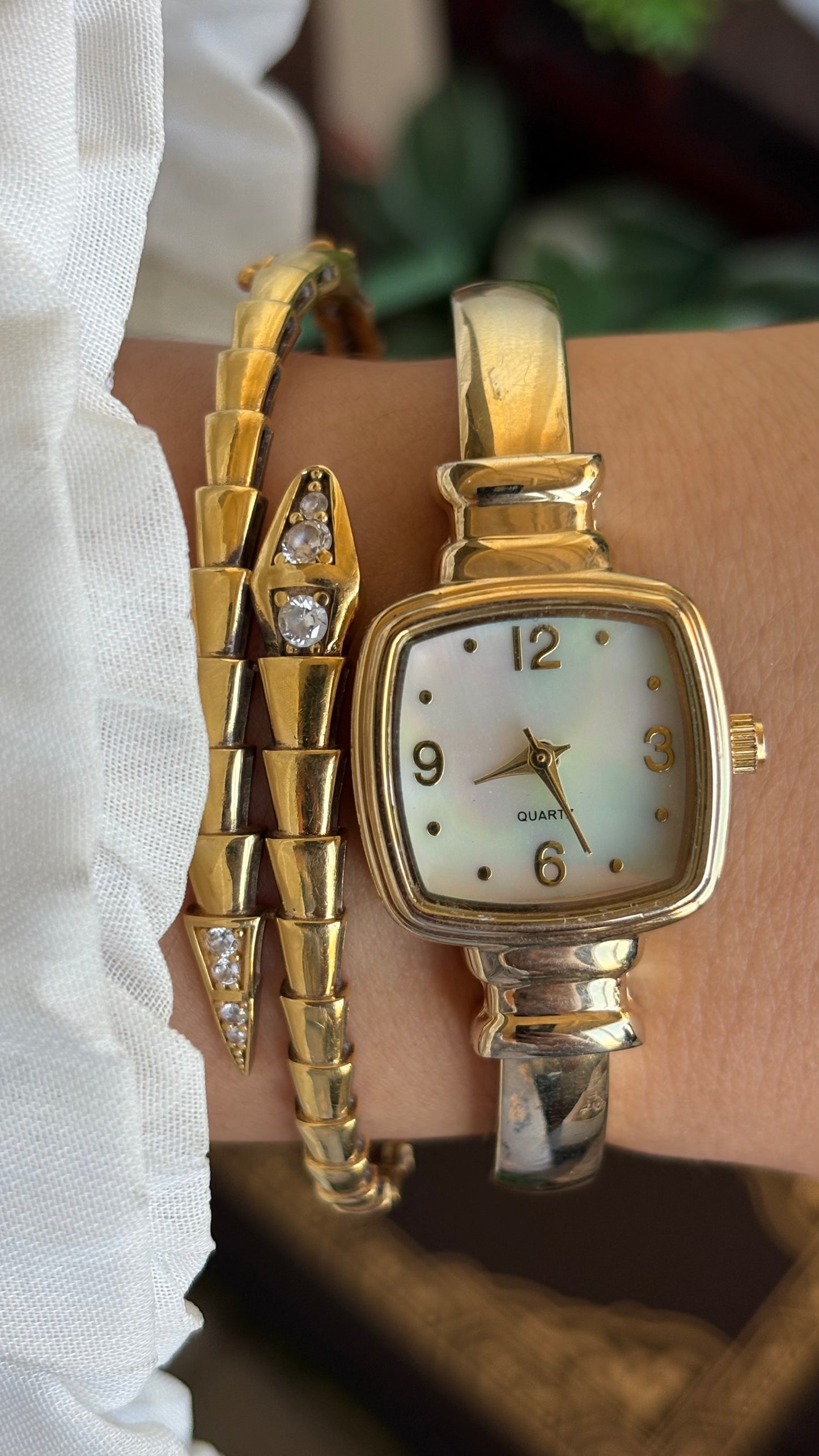Vintage Accutime Bangle Watch in Gold Tone Pearl Dial Square Face