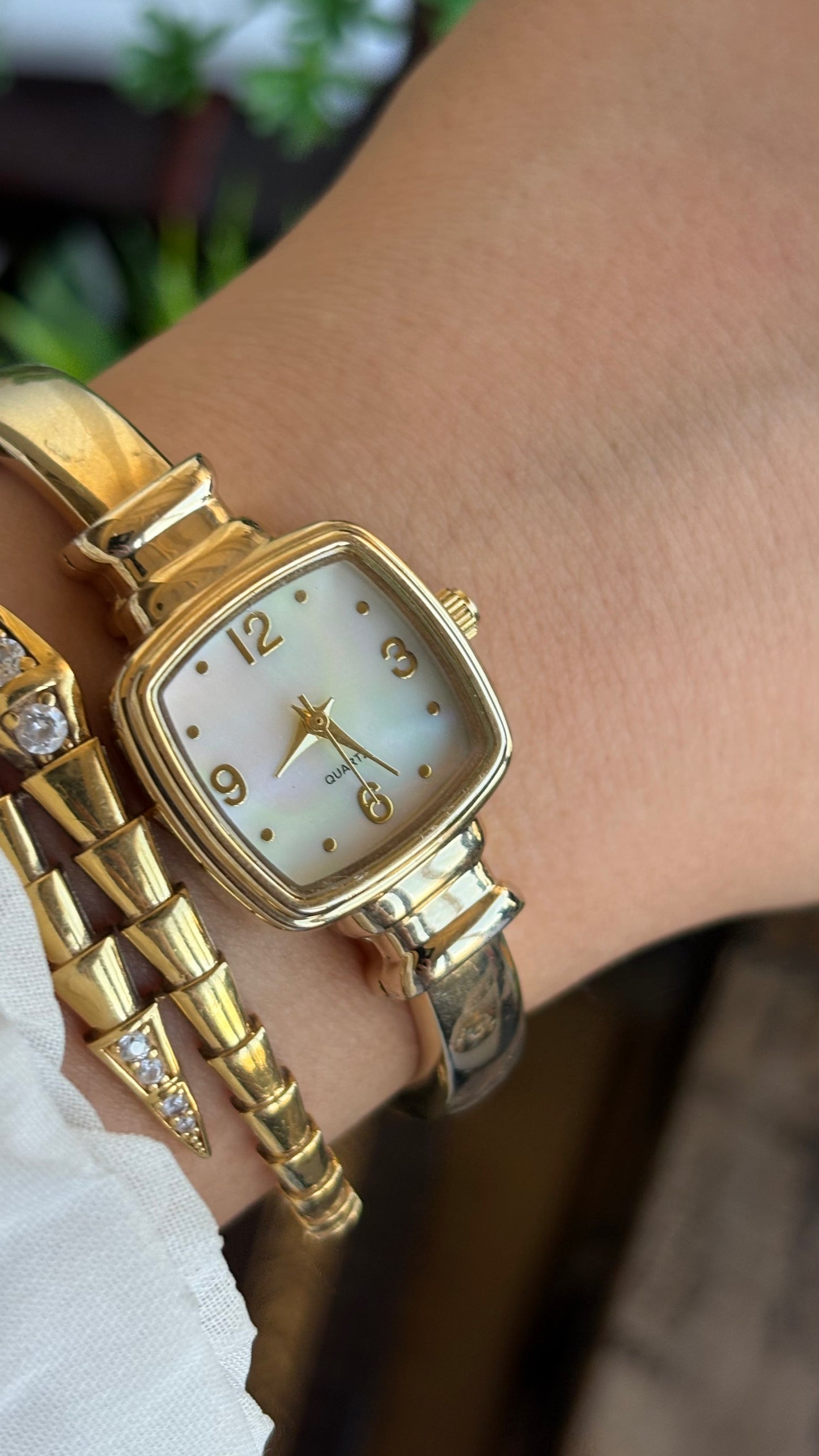 Vintage Accutime Bangle Watch in Gold Tone Pearl Dial Square Face