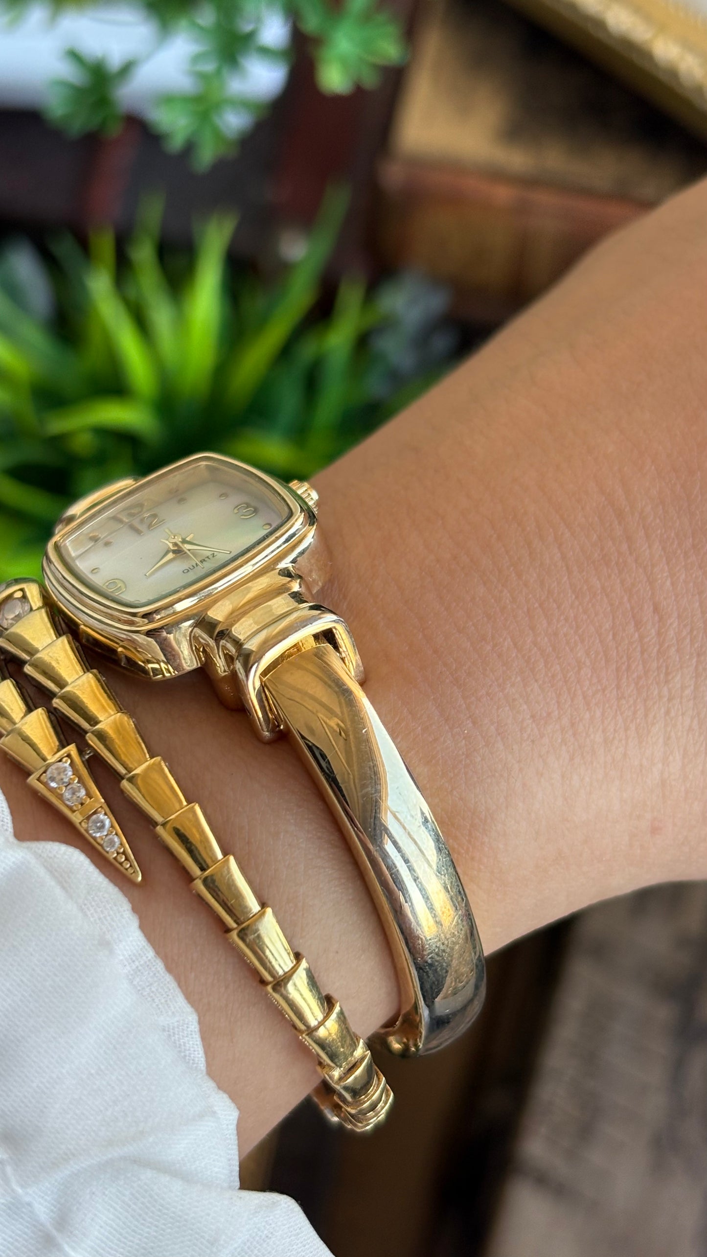 Vintage Accutime Bangle Watch in Gold Tone Pearl Dial Square Face