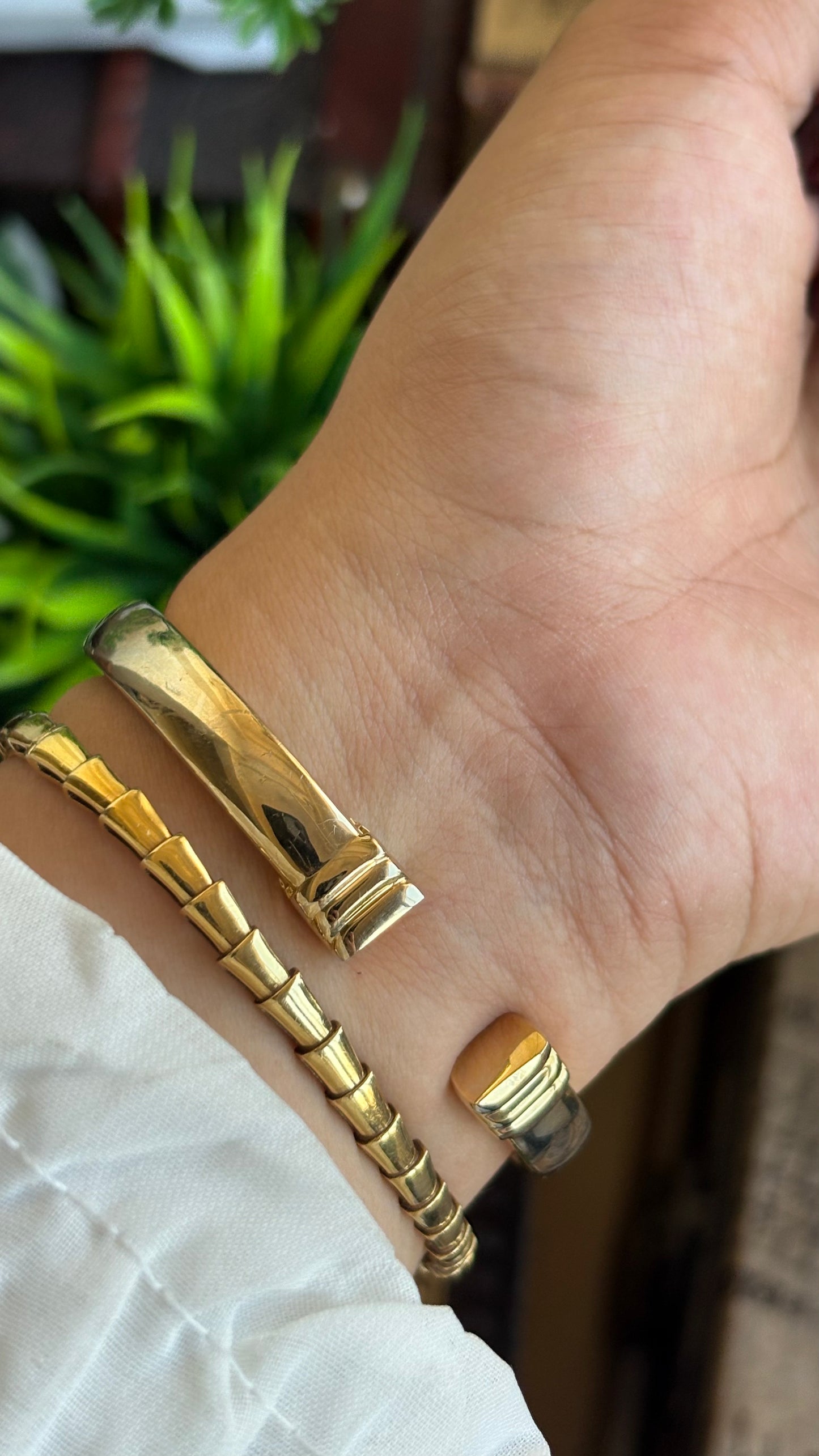 Vintage Accutime Bangle Watch in Gold Tone Pearl Dial Square Face