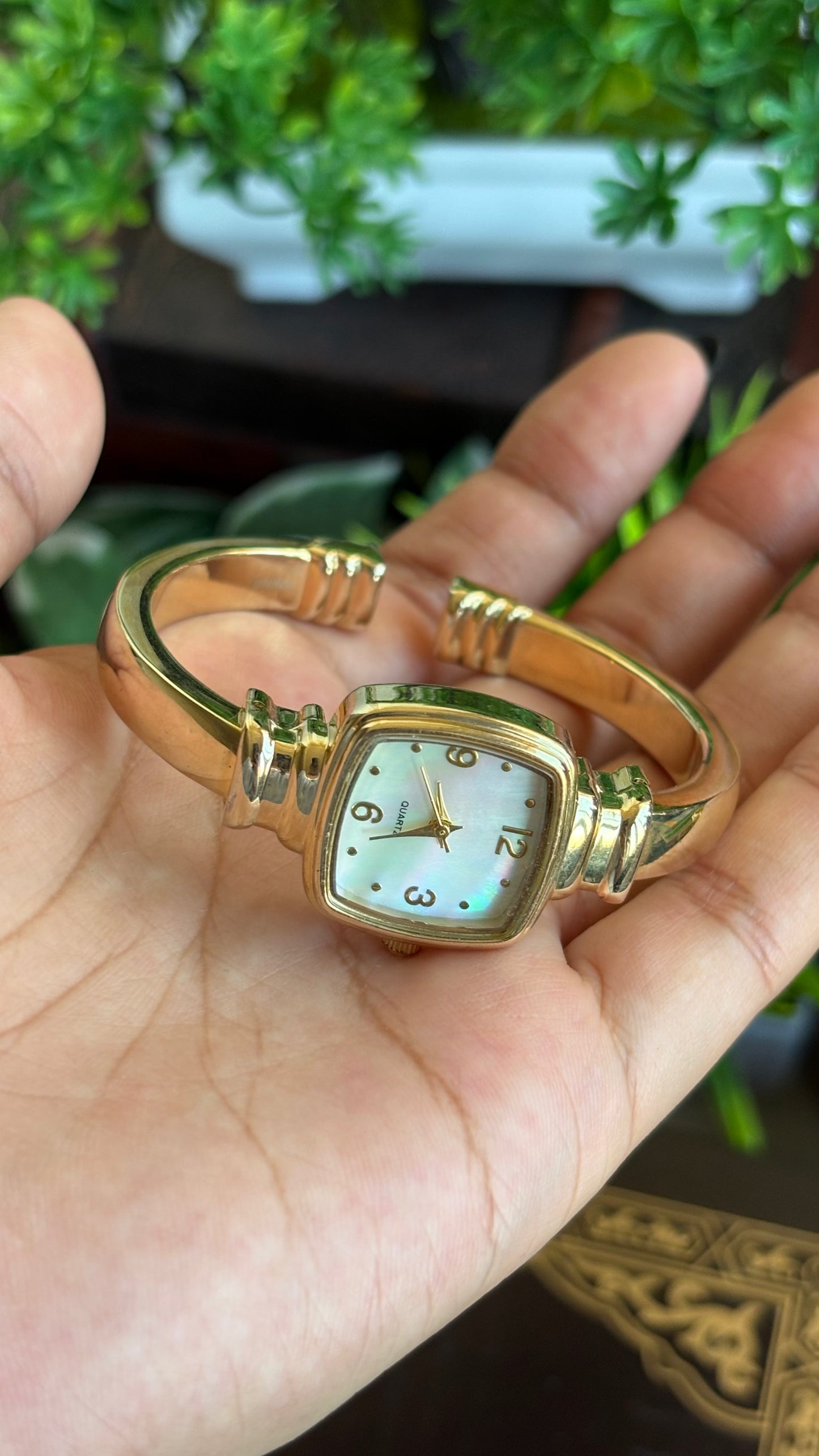 Vintage Accutime Bangle Watch in Gold Tone Pearl Dial Square Face
