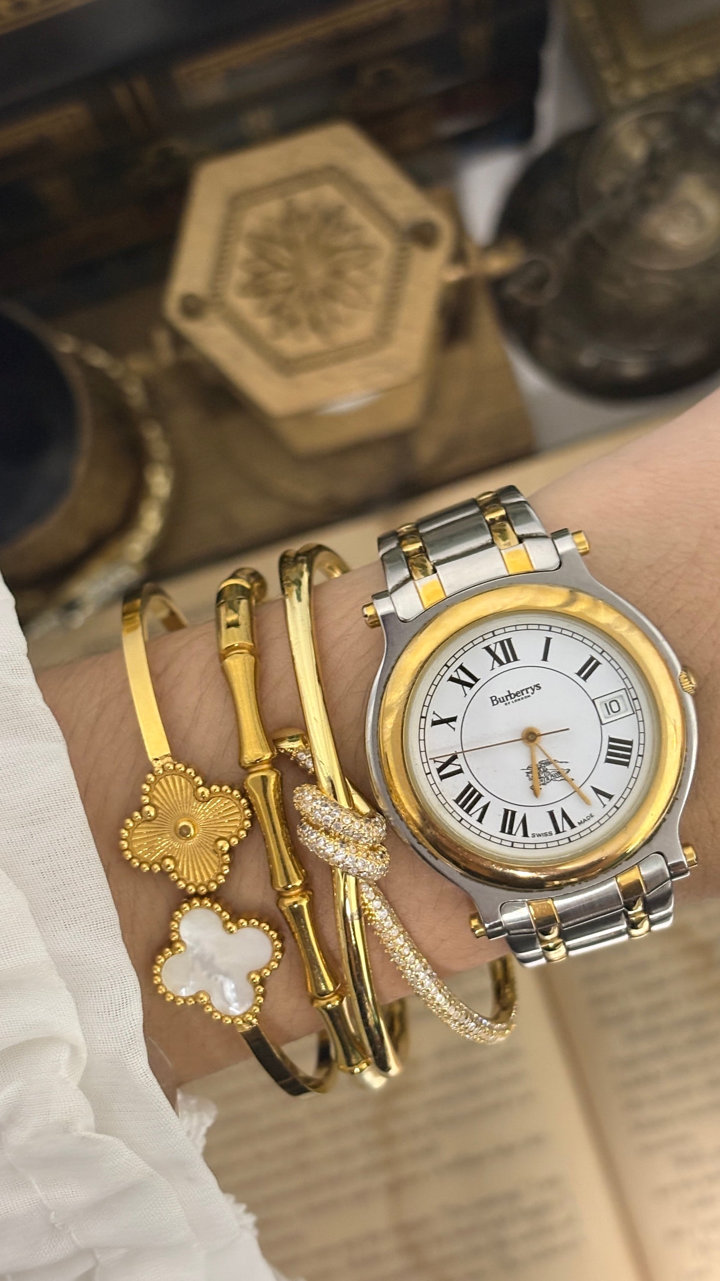 Vintage Burberry Swiss Date Window Dress Watch in Two-Tone Roman Dial Cartier Inspired