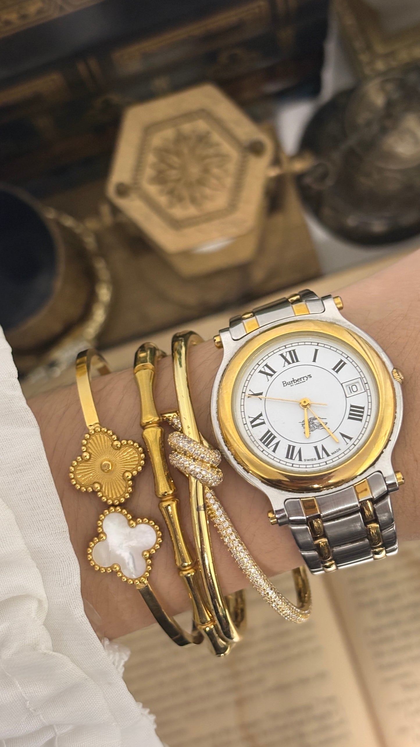 Vintage Burberry Swiss Date Window Dress Watch in Two-Tone Roman Dial Cartier Inspired