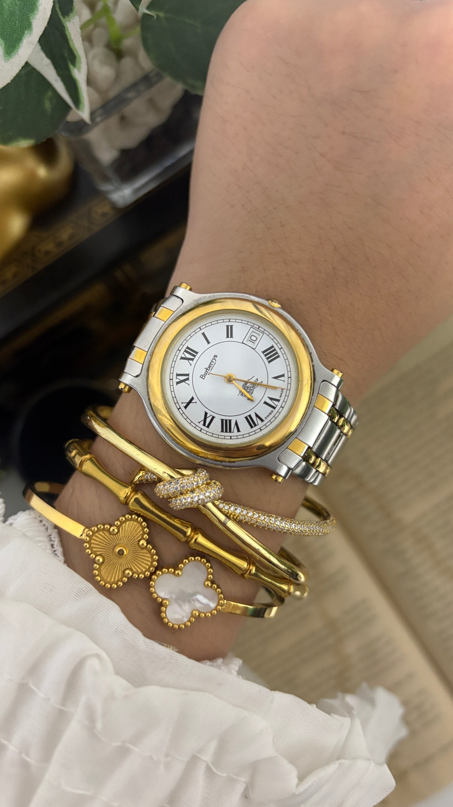 Vintage Burberry Swiss Date Window Dress Watch in Two-Tone Roman Dial Cartier Inspired