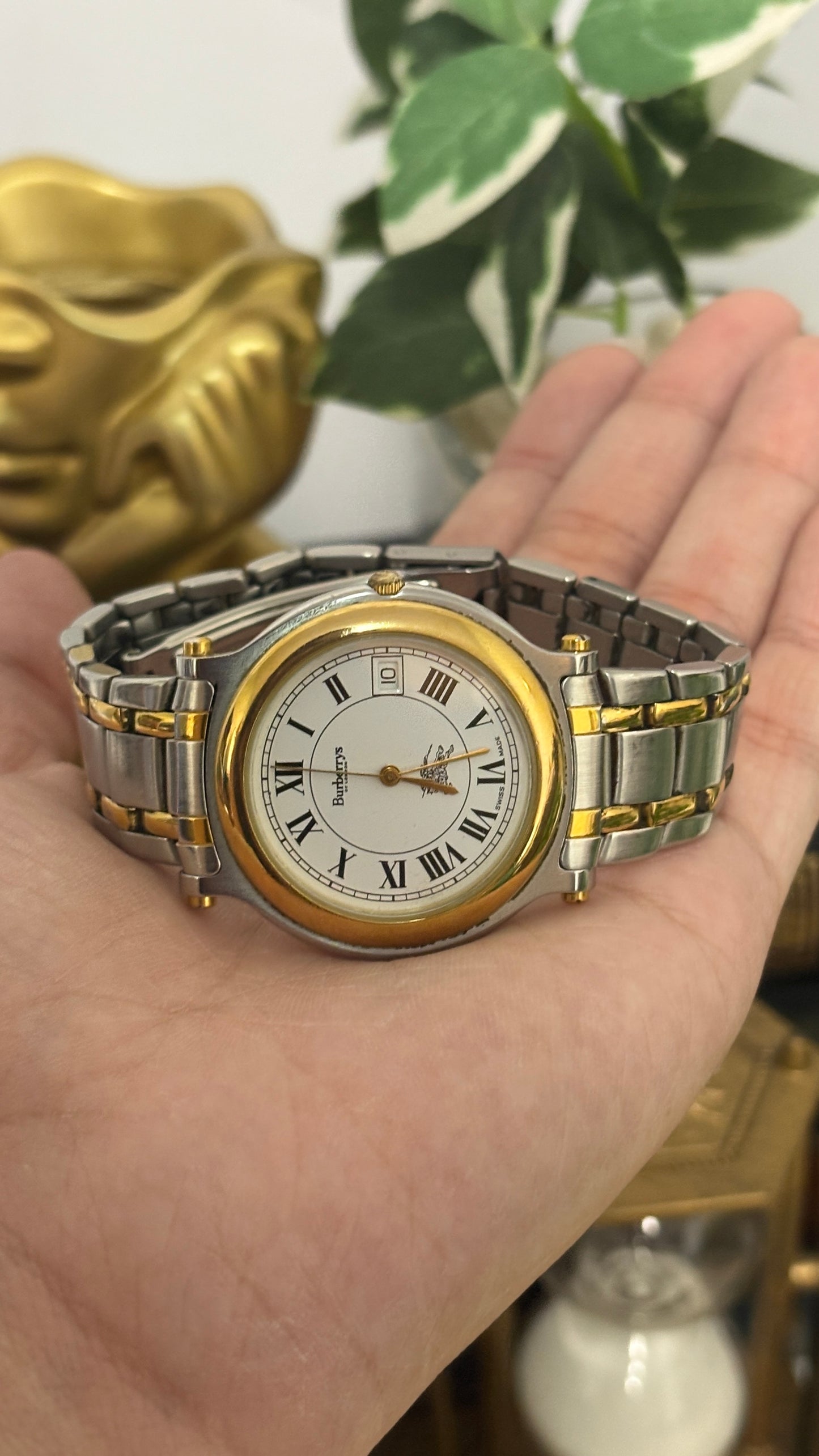 Vintage Burberry Swiss Date Window Dress Watch in Two-Tone Roman Dial Cartier Inspired