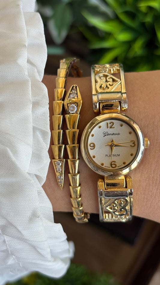 Vintage Geneva Religious Bangle Watch in Gold Tone with Hearts and Cross Design