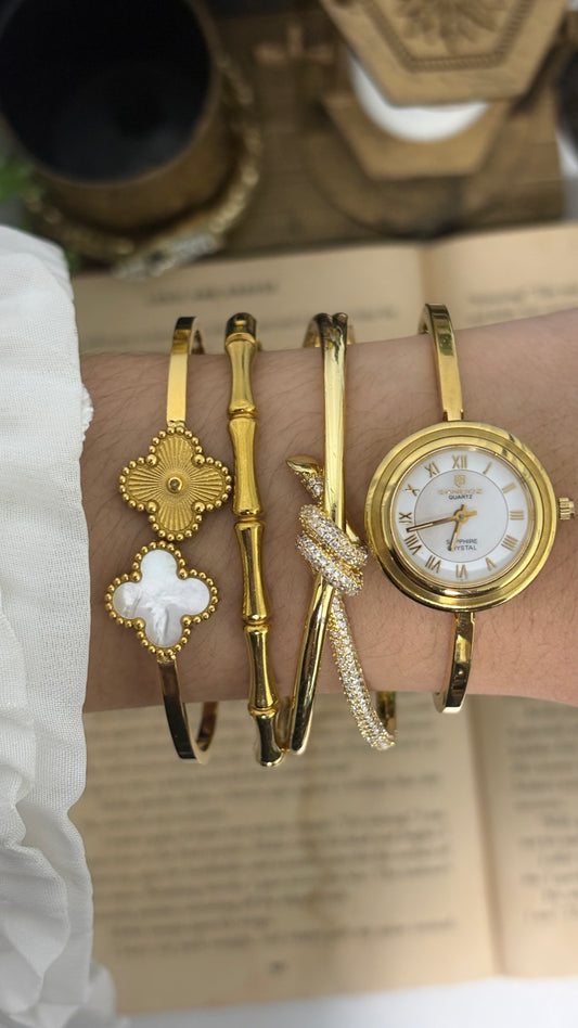 Rare Vintage Sandoz Swiss Roman Mother of Pearl Inner Dial Bangle Watch in Gold Tone Quartz