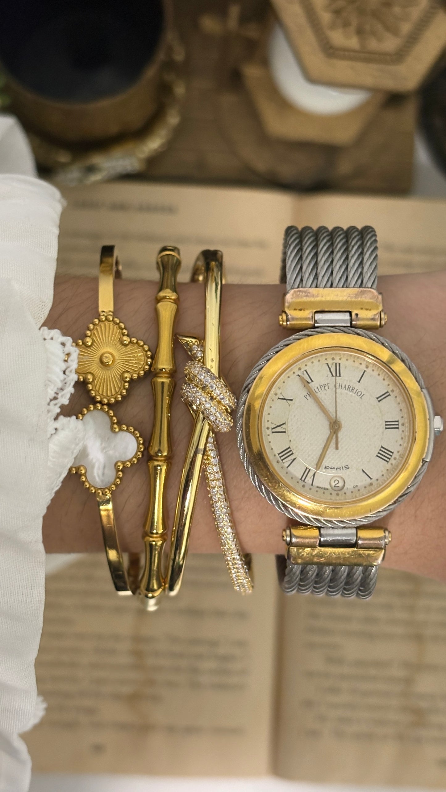 Rare Vintage Philippe Charriol Swiss Roman Dial Bangle Watch in Two-Tone Quartz