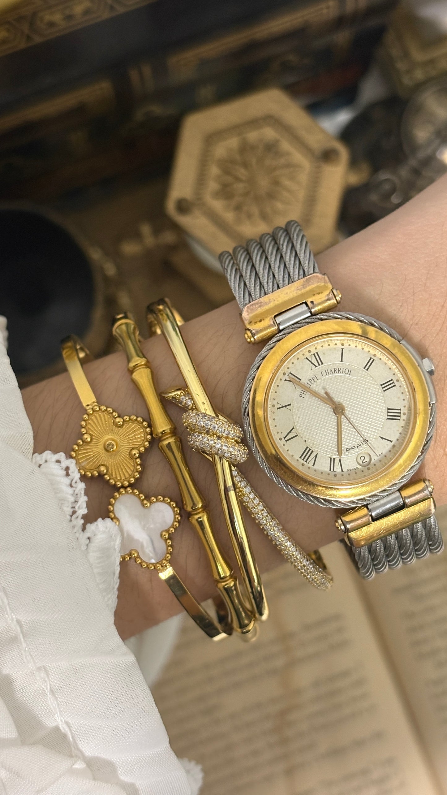Rare Vintage Philippe Charriol Swiss Roman Dial Bangle Watch in Two-Tone Quartz