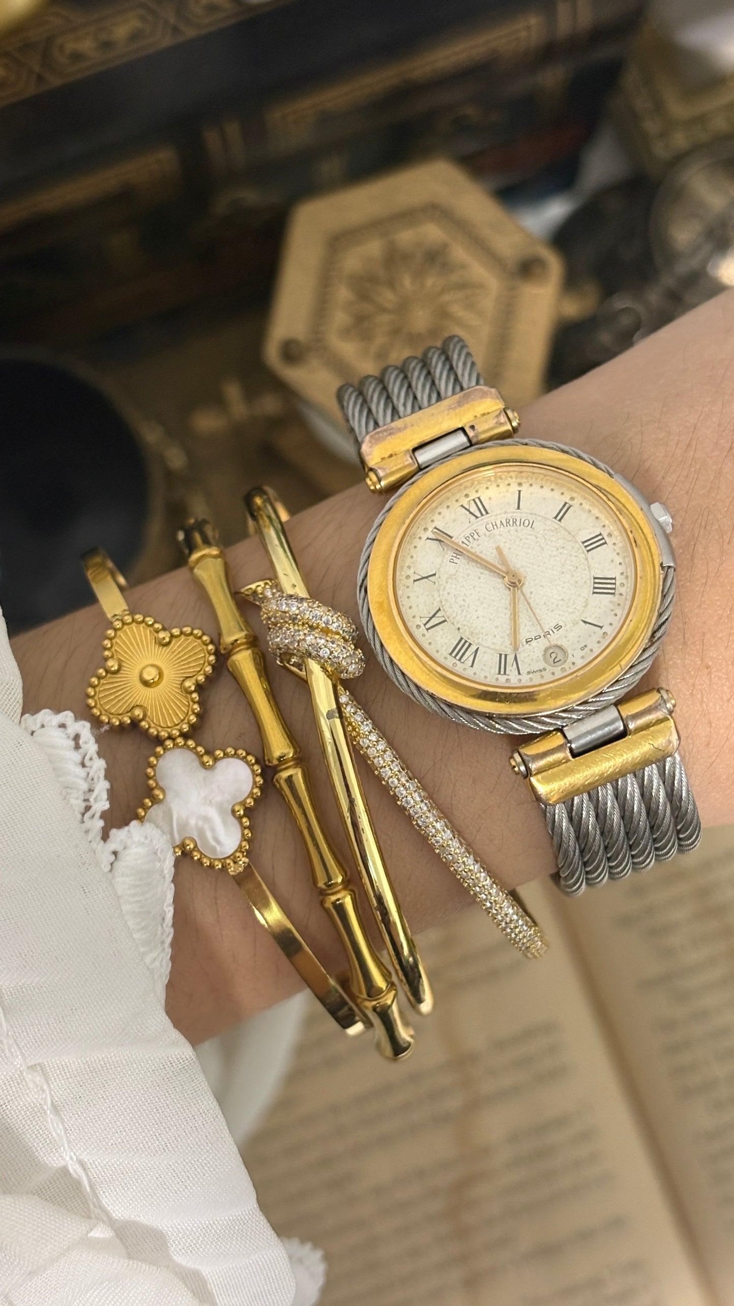 Rare Vintage Philippe Charriol Swiss Roman Dial Bangle Watch in Two-Tone Quartz
