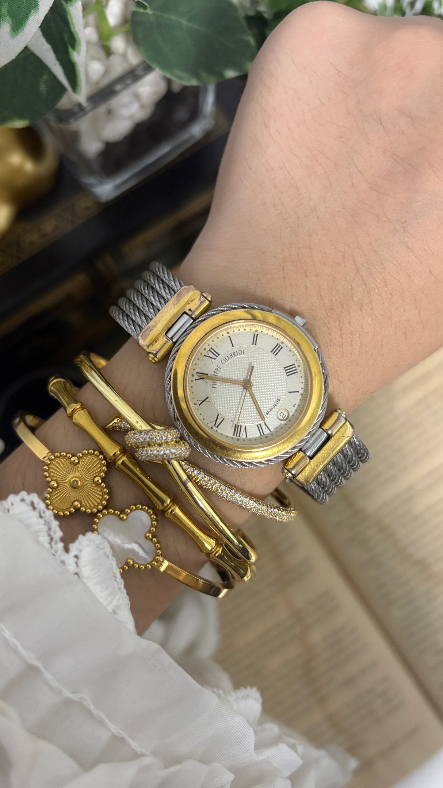 Rare Vintage Philippe Charriol Swiss Roman Dial Bangle Watch in Two-Tone Quartz