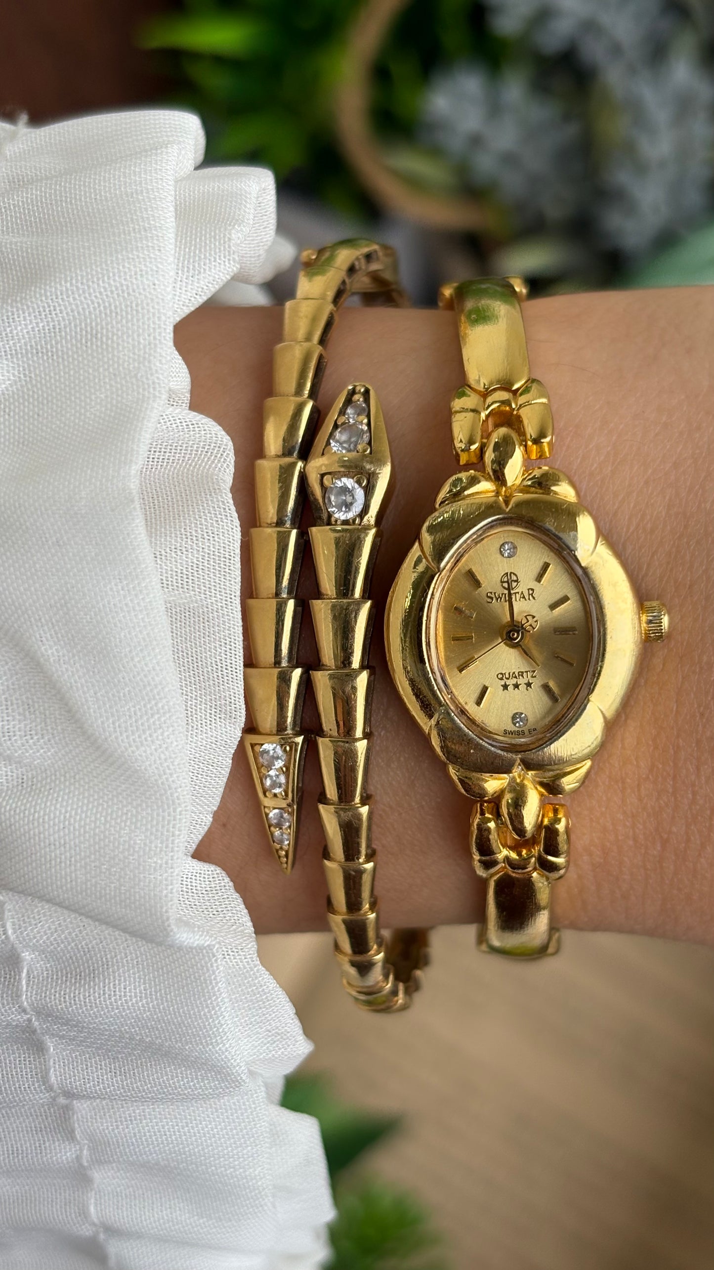 Vintage Coquette Swistar Swiss Watch in Gold Tone 22K Gold Electroplated