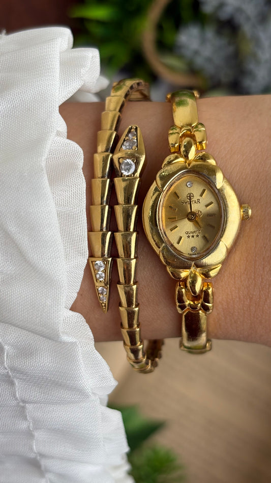 Vintage Coquette Swistar Swiss Watch in Gold Tone 22K Gold Electroplated