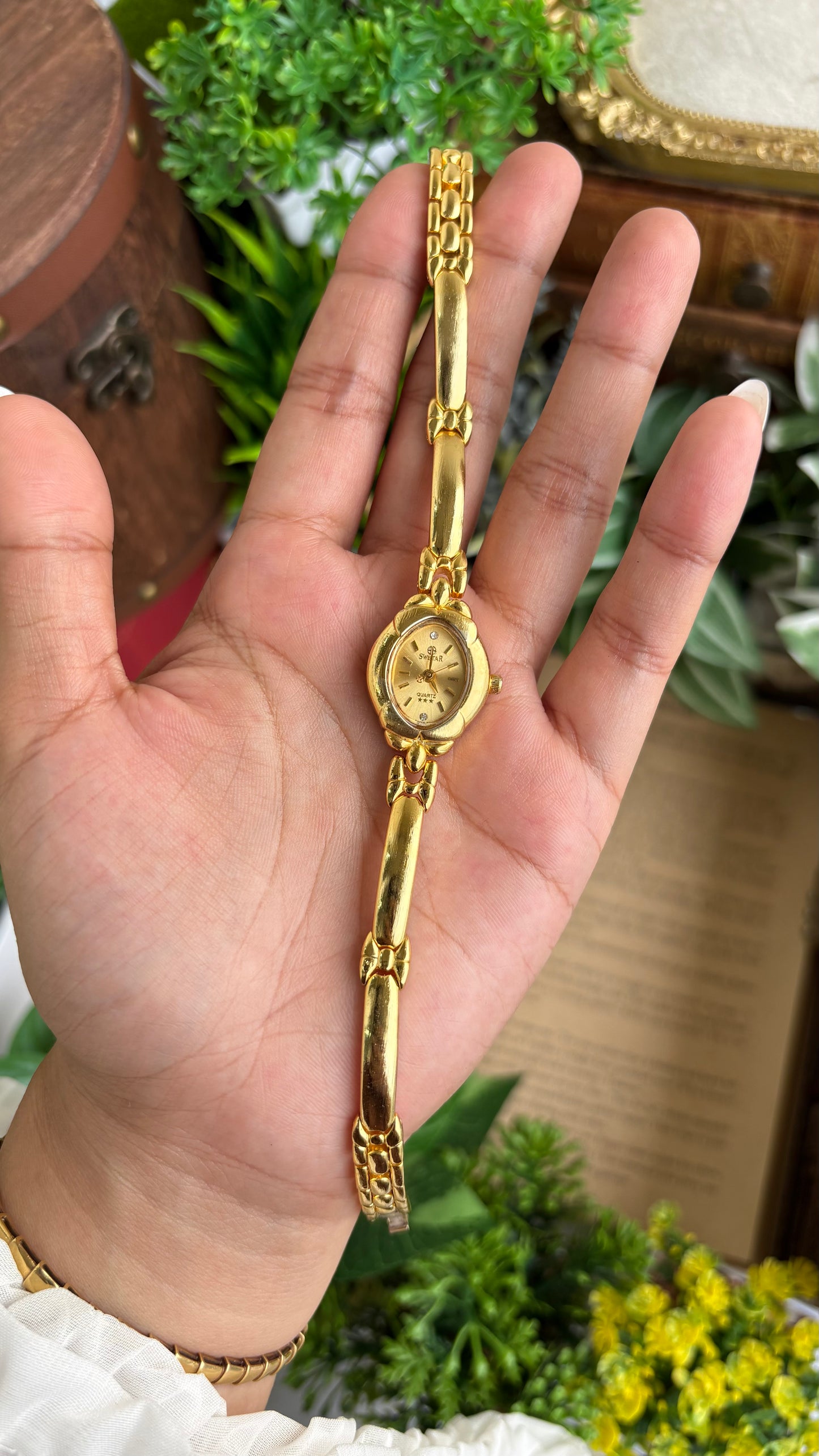 Vintage Coquette Swistar Swiss Watch in Gold Tone 22K Gold Electroplated