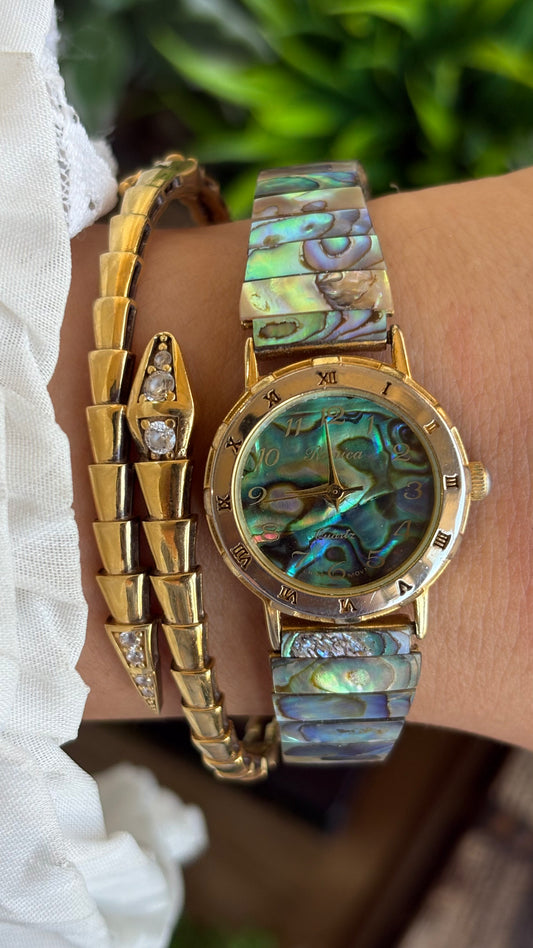 Vintage Ronica Abalone Shell Crystal Watch in Gold Tone