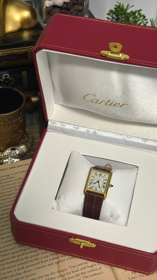 Rare Vintage 1977 Must de Cartier Tank Vermeil Cabochon Crown Watch in Gold Tone Dark Brown Leather Strap Quartz