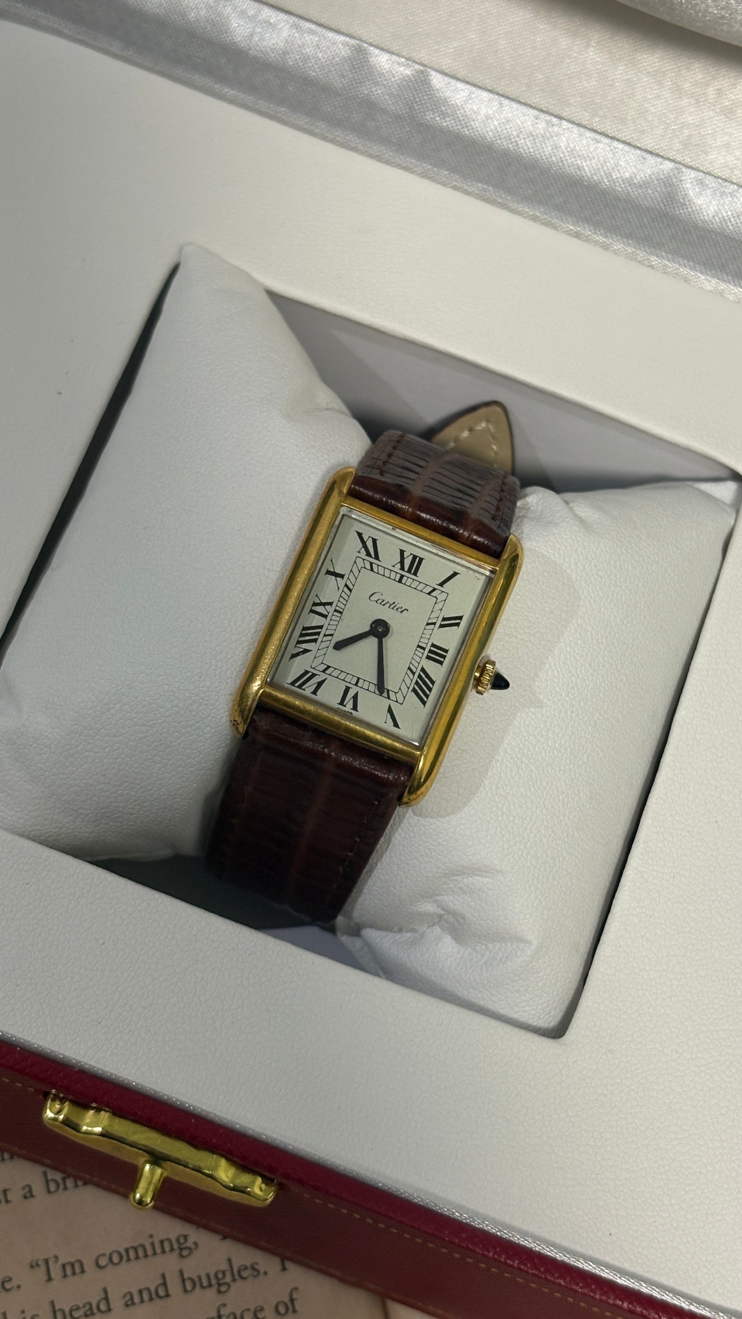 Rare Vintage 1977 Must de Cartier Tank Vermeil Cabochon Crown Watch in Gold Tone Dark Brown Leather Strap Quartz