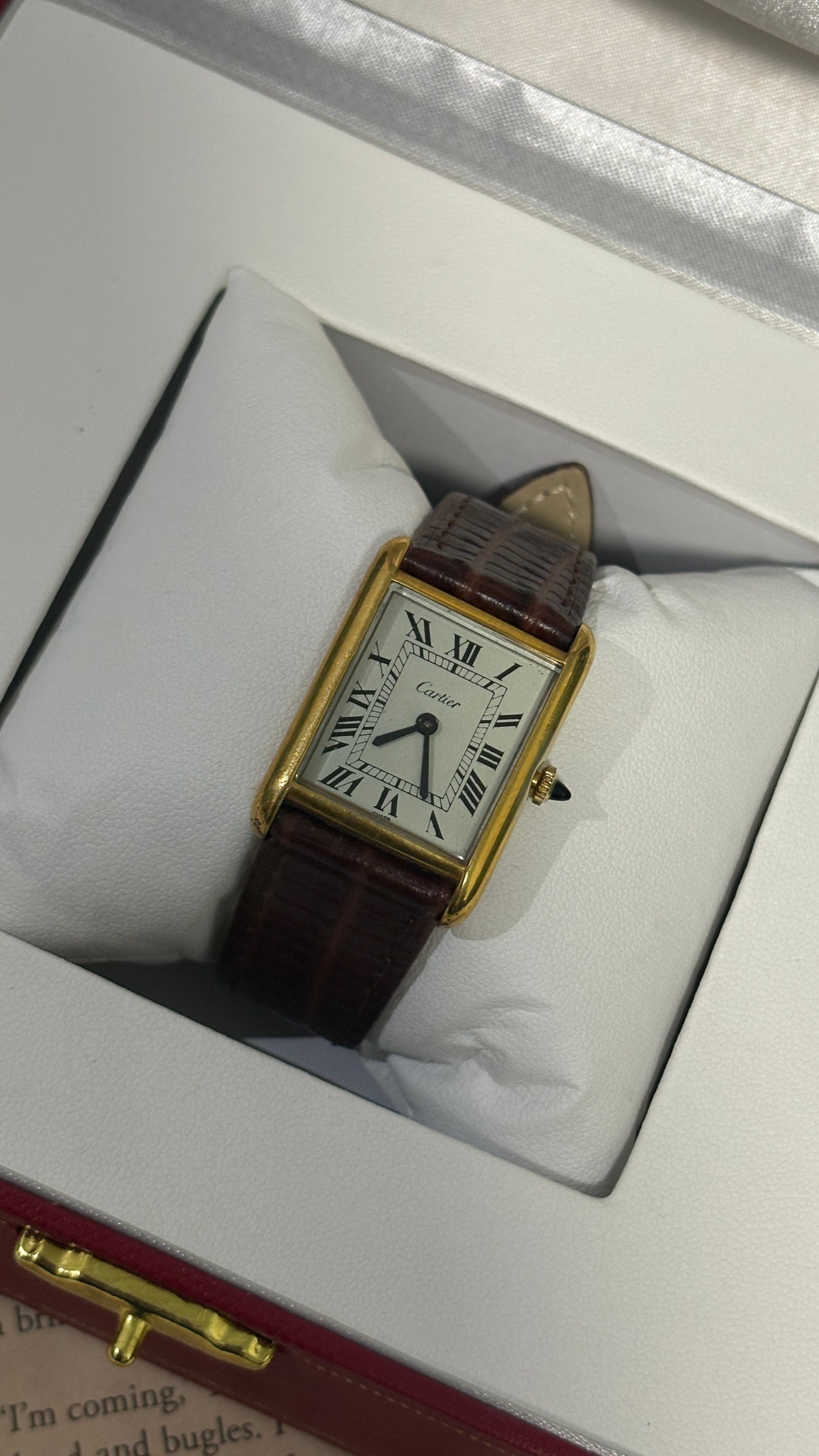 Rare Vintage 1977 Must de Cartier Tank Vermeil Cabochon Crown Watch in Gold Tone Dark Brown Leather Strap Quartz