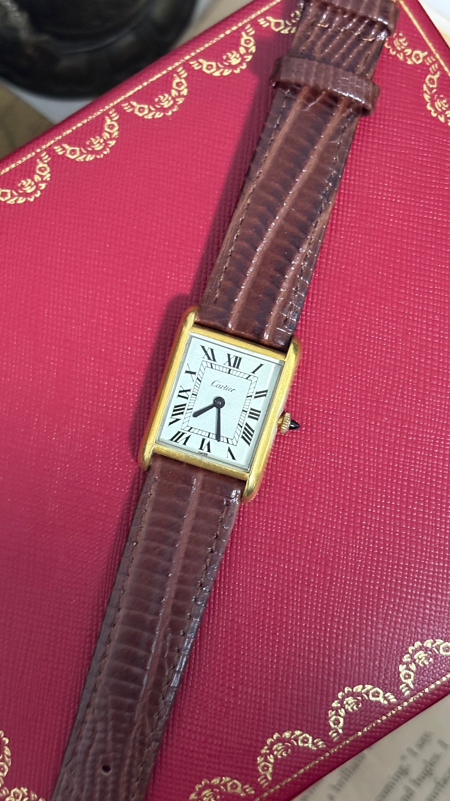 Rare Vintage 1977 Must de Cartier Tank Vermeil Cabochon Crown Watch in Gold Tone Dark Brown Leather Strap Quartz