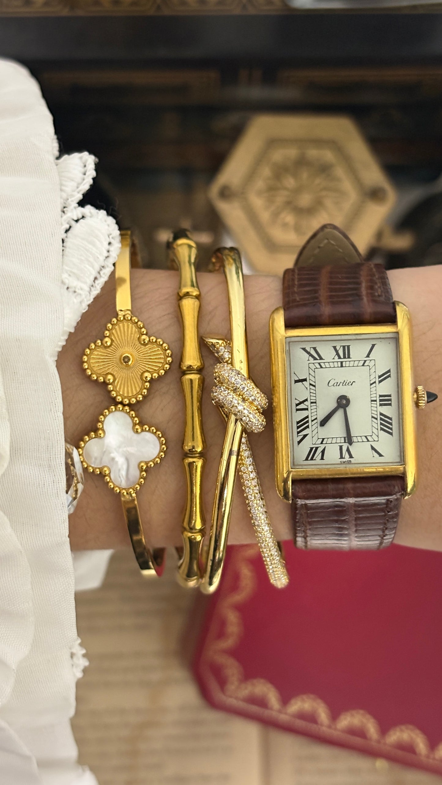 Rare Vintage 1977 Must de Cartier Tank Vermeil Cabochon Crown Watch in Gold Tone Dark Brown Leather Strap Quartz
