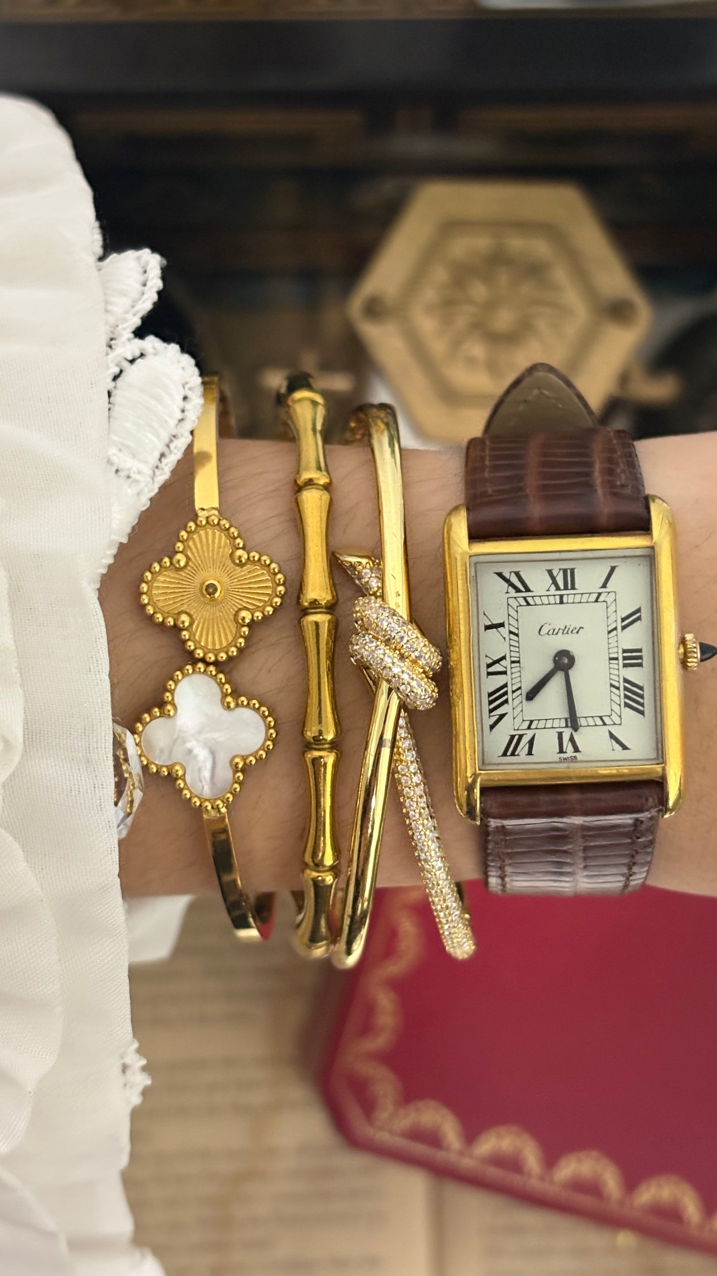Rare Vintage 1977 Must de Cartier Tank Vermeil Cabochon Crown Watch in Gold Tone Dark Brown Leather Strap Quartz