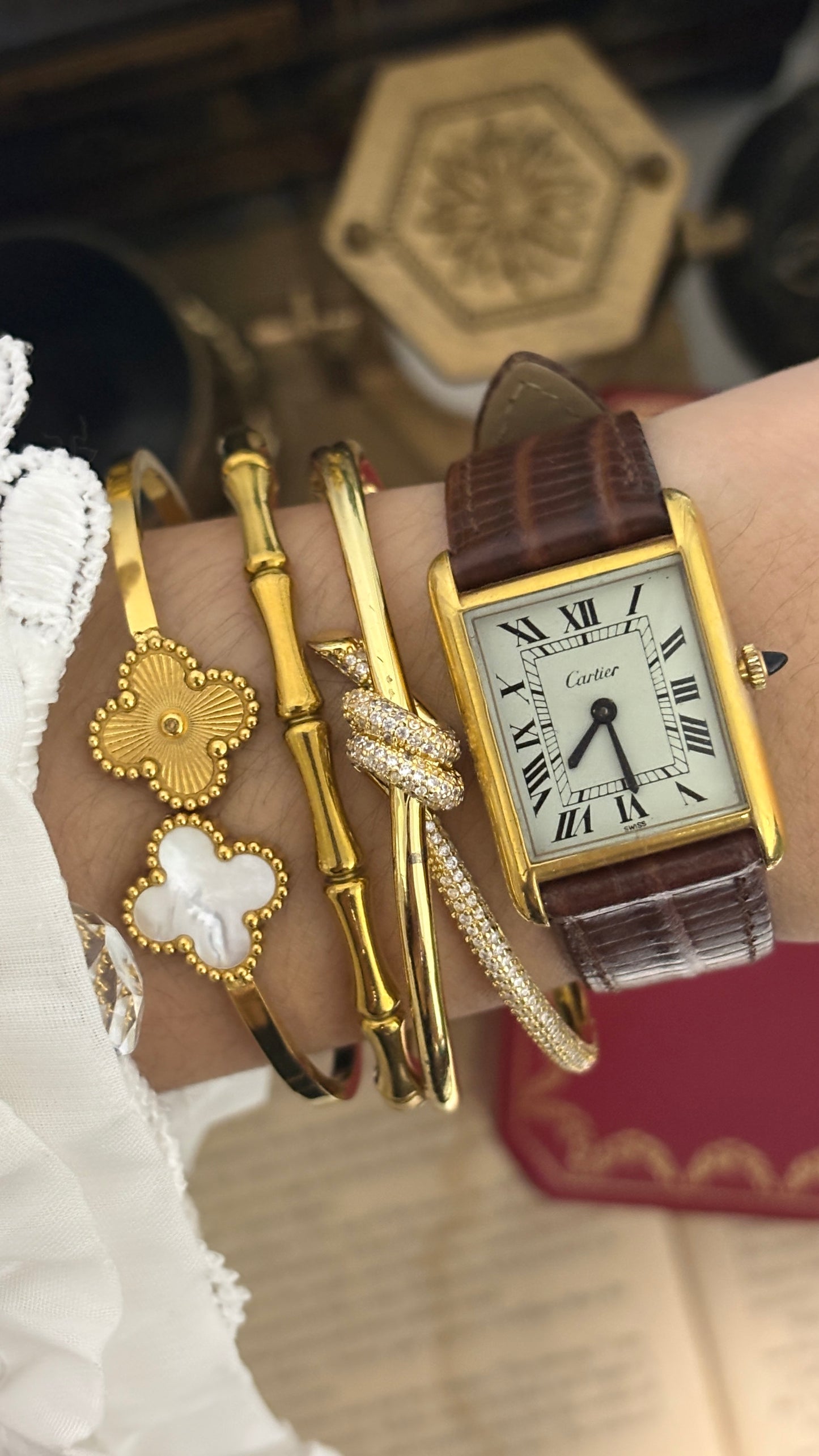 Rare Vintage 1977 Must de Cartier Tank Vermeil Cabochon Crown Watch in Gold Tone Dark Brown Leather Strap Quartz