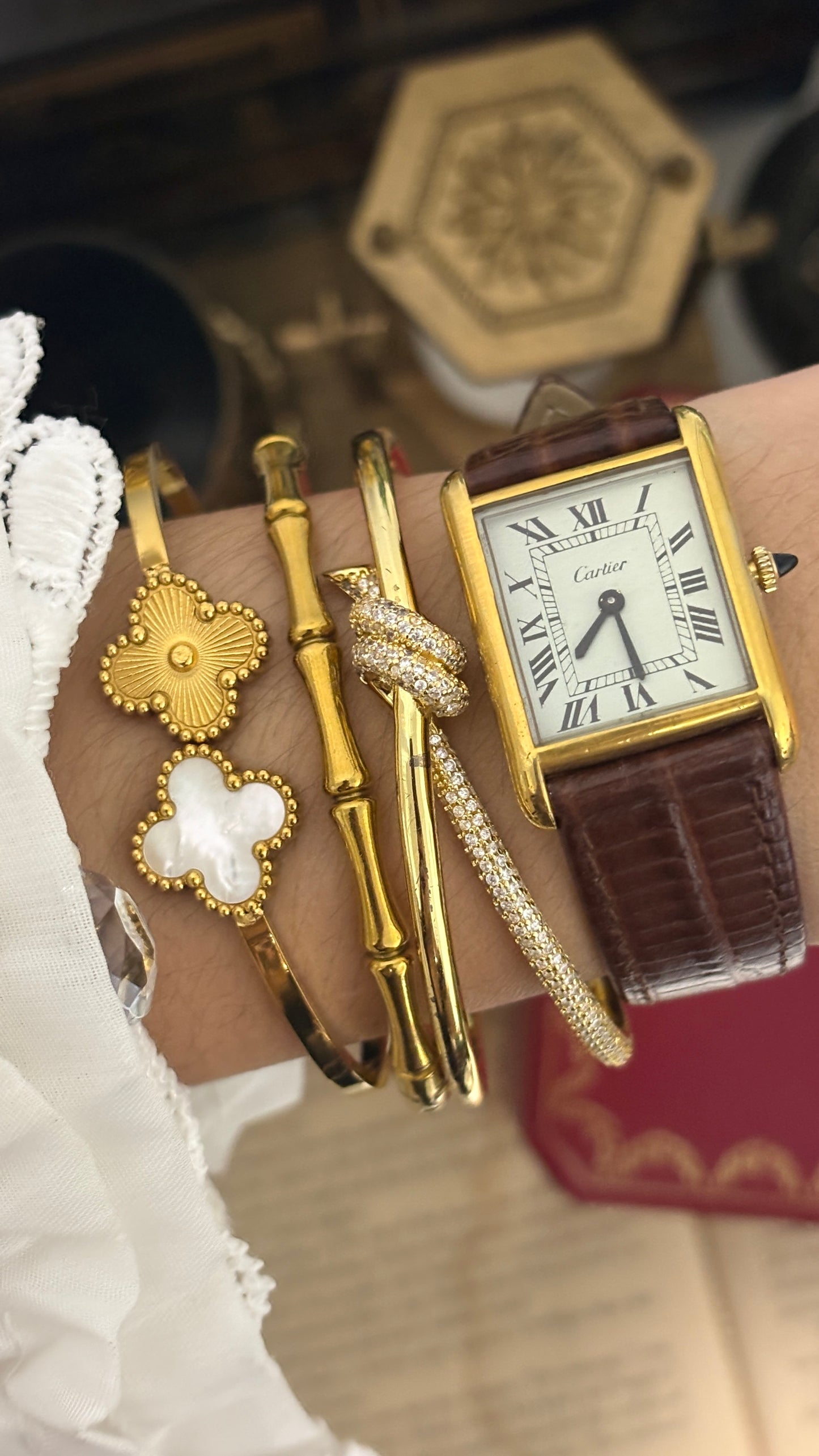 Rare Vintage 1977 Must de Cartier Tank Vermeil Cabochon Crown Watch in Gold Tone Dark Brown Leather Strap Quartz