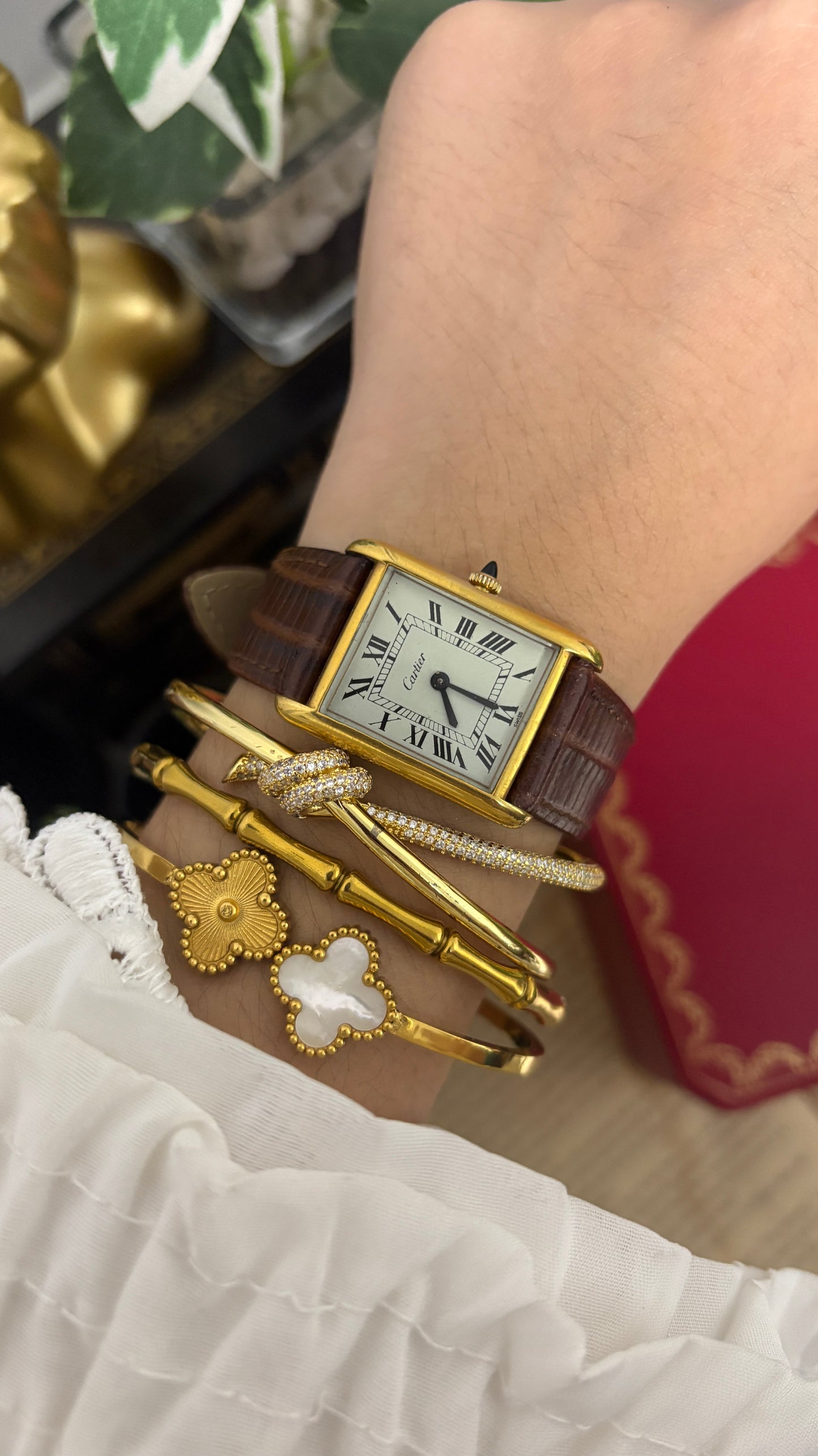 Rare Vintage 1977 Must de Cartier Tank Vermeil Cabochon Crown Watch in Gold Tone Dark Brown Leather Strap Quartz
