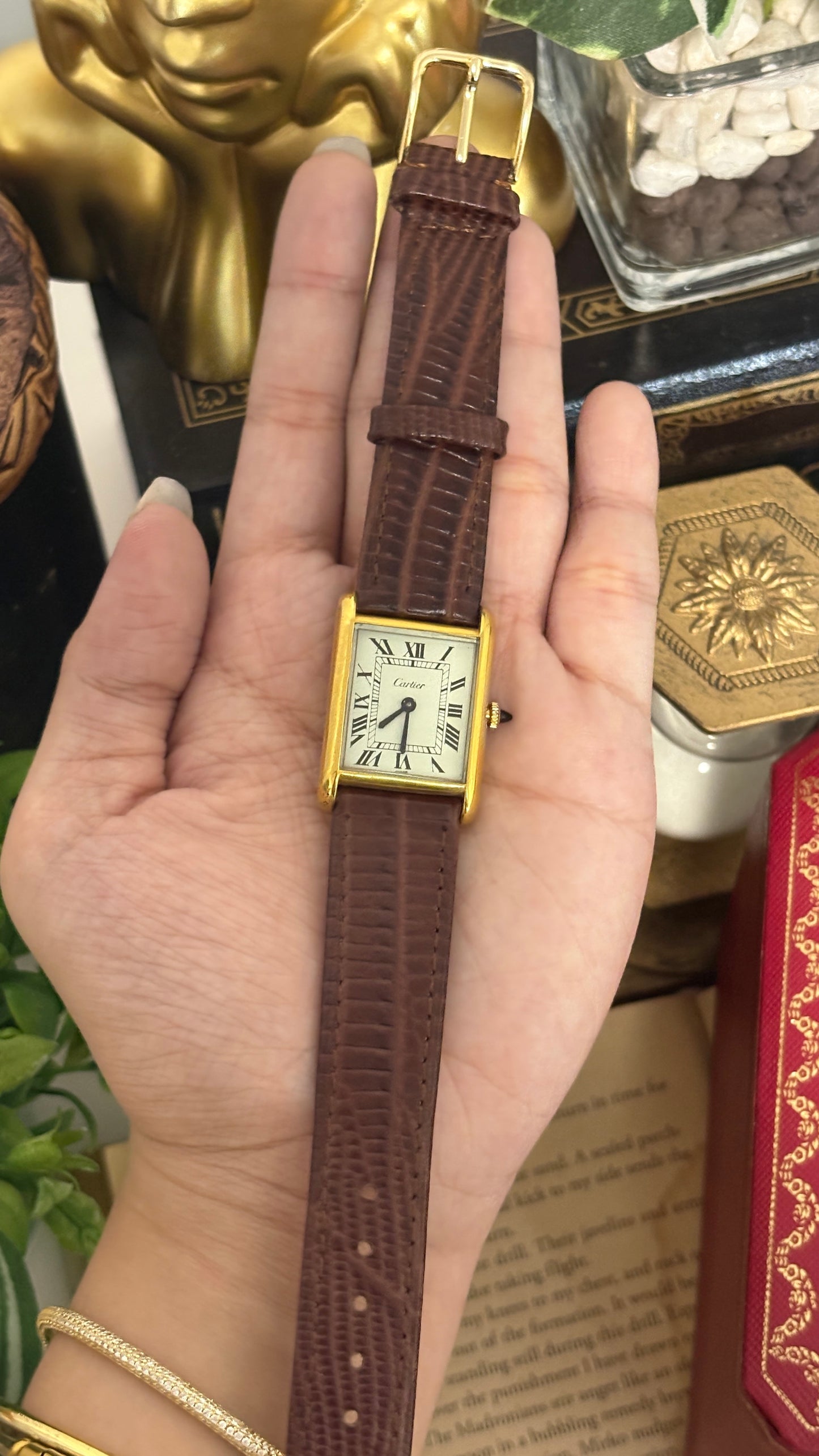 Rare Vintage 1977 Must de Cartier Tank Vermeil Cabochon Crown Watch in Gold Tone Dark Brown Leather Strap Quartz