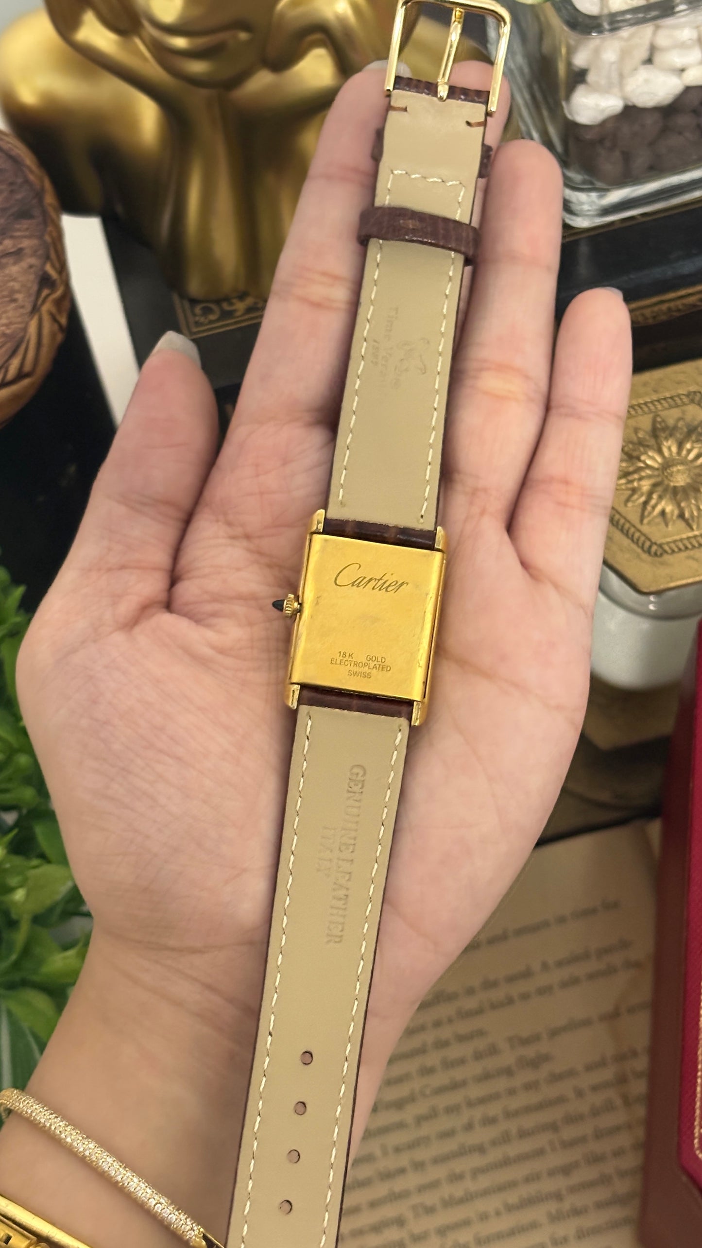 Rare Vintage 1977 Must de Cartier Tank Vermeil Cabochon Crown Watch in Gold Tone Dark Brown Leather Strap Quartz