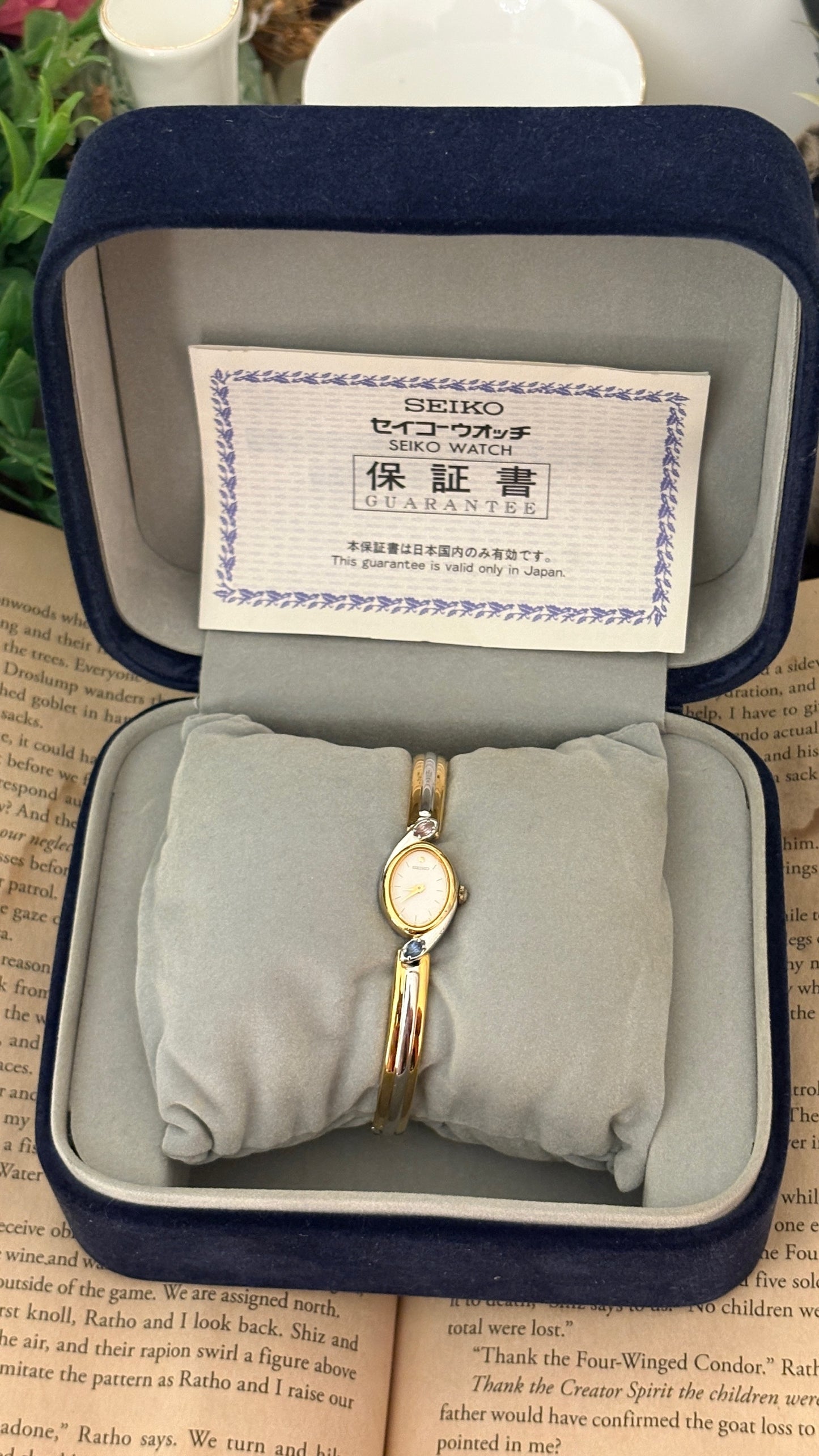 Extremely Rare Boxed Dainty Vintage Seiko Rose Quartz and Aquamarine Accent Bangle Watch in Two-Tone Quartz