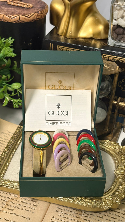 Vintage Gucci Swiss Interchangeable Bezel Bangle Watch in Gold Tone Quartz
